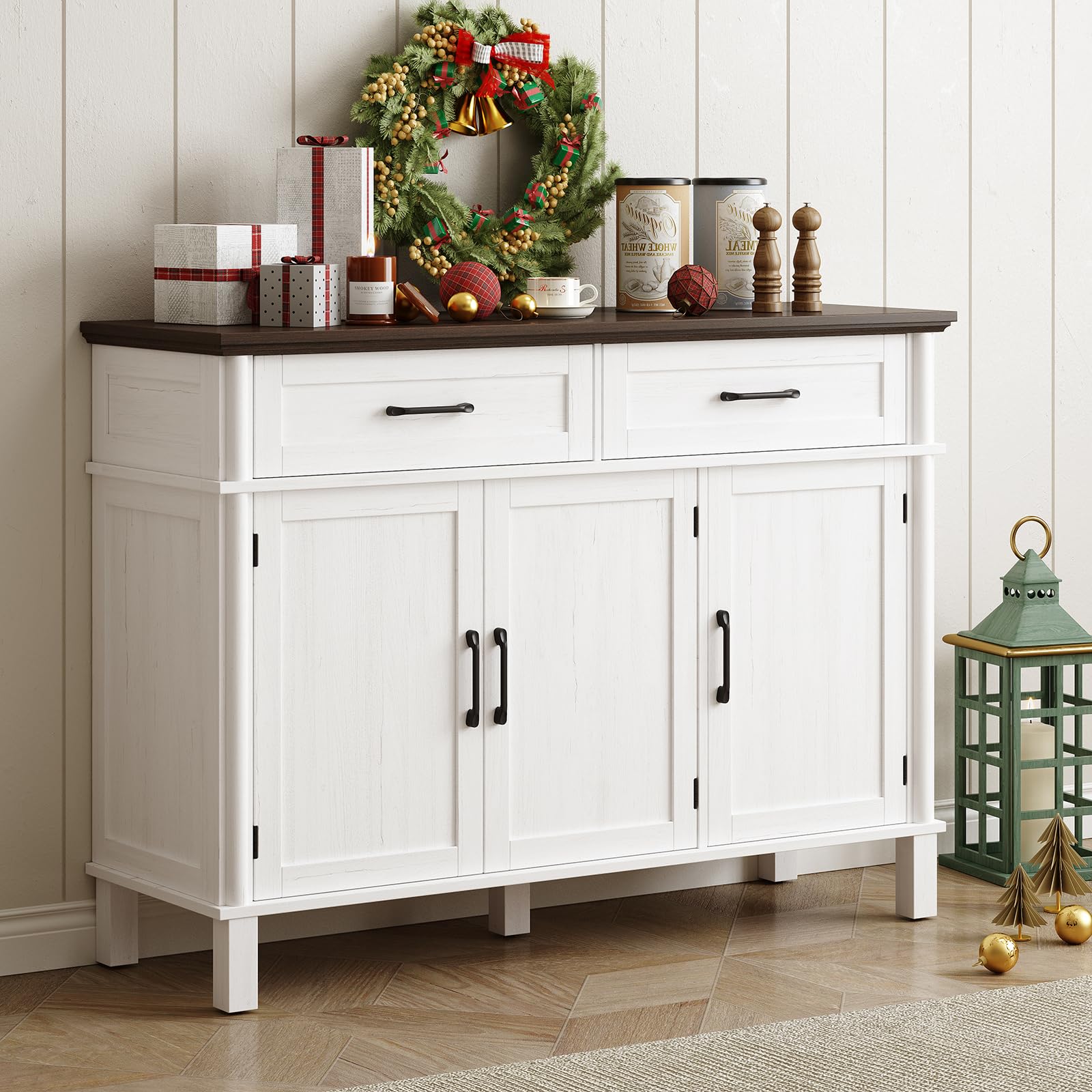48" Buffet Cabinet with Storage, Farmhouse Sideboard Cabinet w/2 Drawers and 3 Doors, Wood Coffee Bar Cabinet w/Adjustable Shelves, Storage Cabinet for Kitchen, Living Room, Entryway, Off White