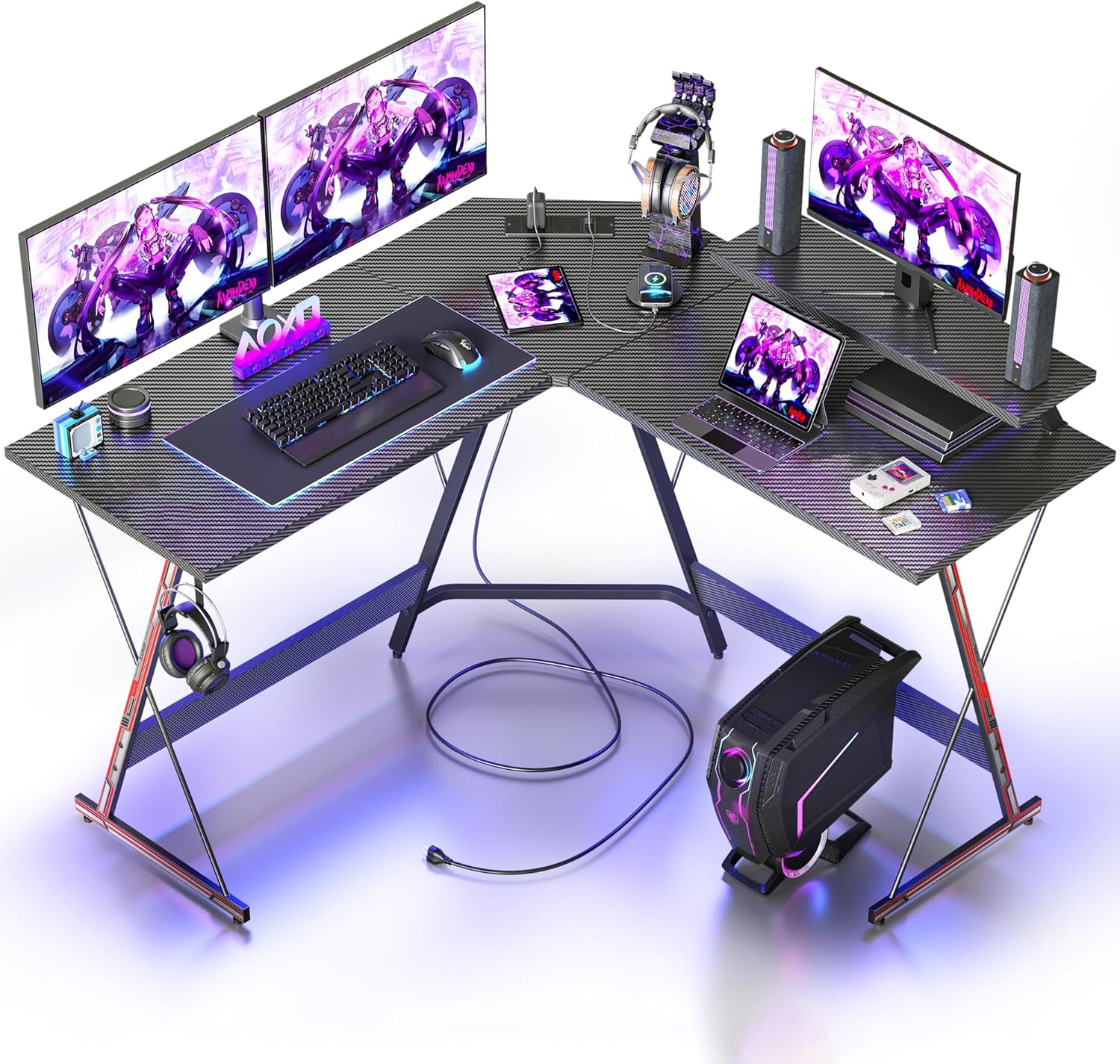 BEXEVUE L Shaped Gaming Desk with LED & Power Strip – 128x128cm Ergonomic Corner Gamer Computer Table, Extension LED Strip Large PC Monitor Stand, Headphone Hook for Home Office, Carbon Fiber Black