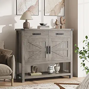 Farmhouse Console Table with 2-Door Cabinet and 2 Drawers, Buffet Cabinet with Storage Shelf, Wood Coffee Bar Cabinet for Kitchen, Dining Room, Living Room, Entryway (Gray)