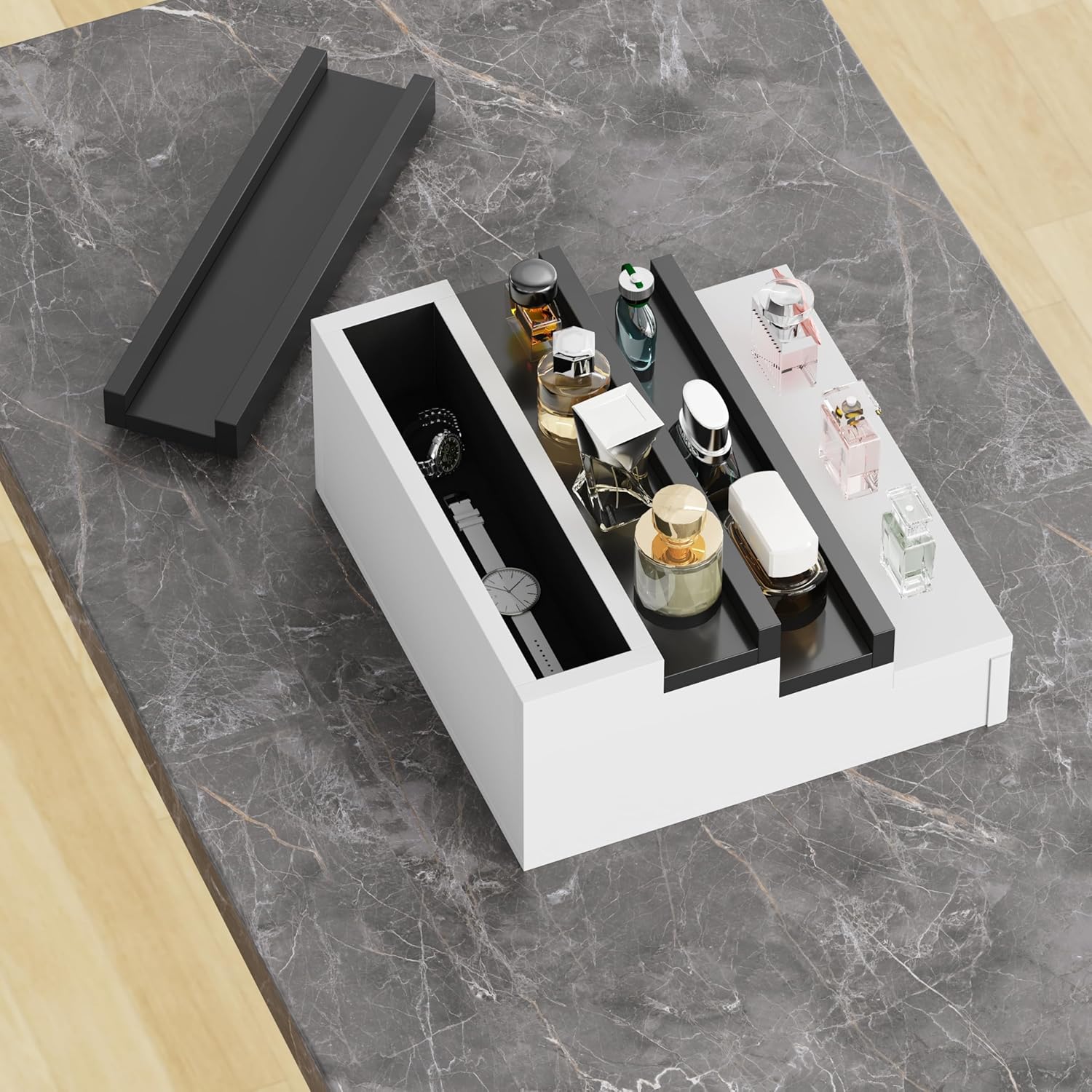 Blisse Cologne/Perfume Organizer, 4-Tier Storage Drawer with Hidden Compartments, Soft-Lined Display Case (White with Black)