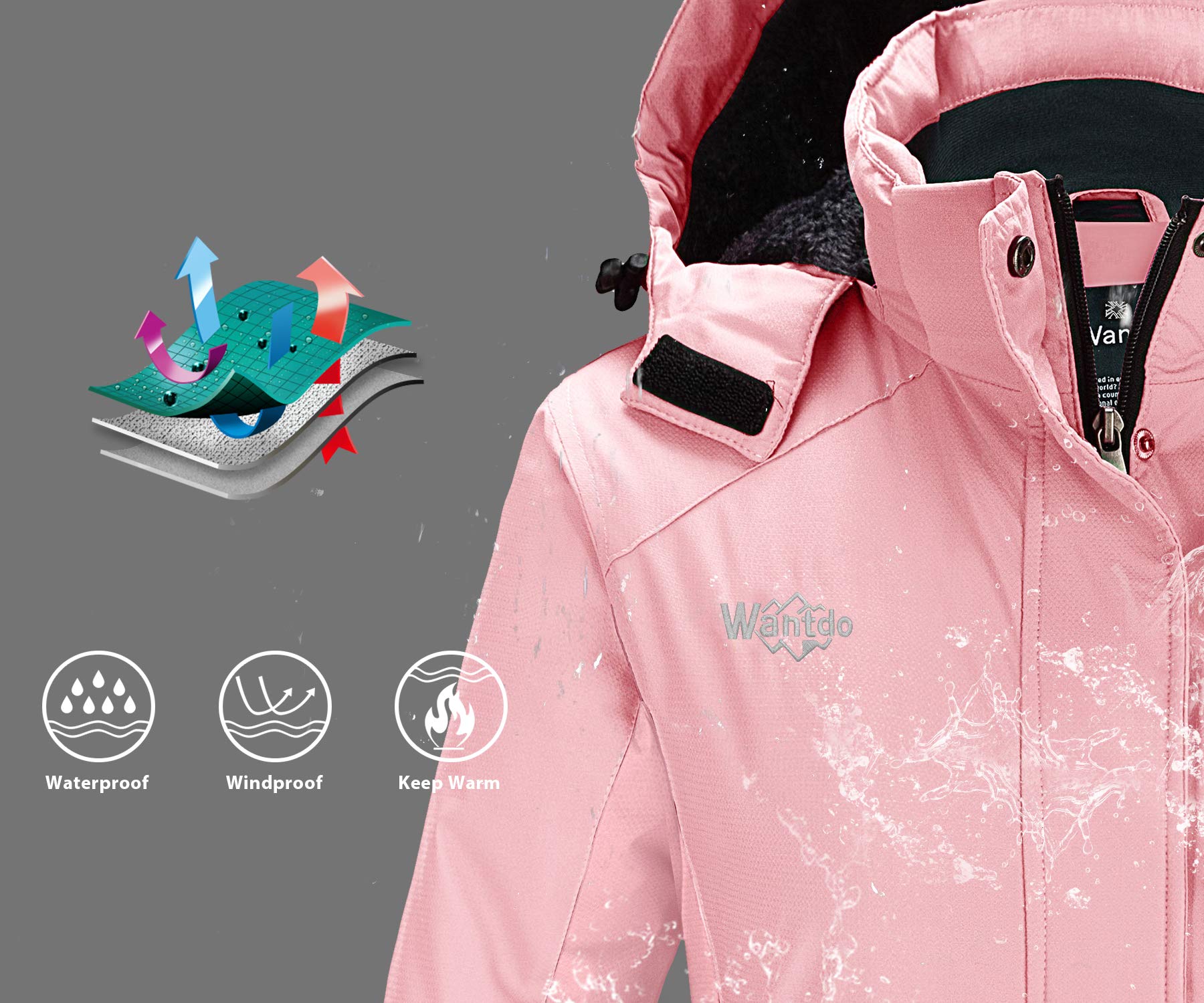 Wantdo Femme Veste de Montagne Outdoor coupe-vent avec Capuche Extérieur Manteau d'hiver Chaud Amovible Veste Imperméable Veste Randonnée pour Voyage