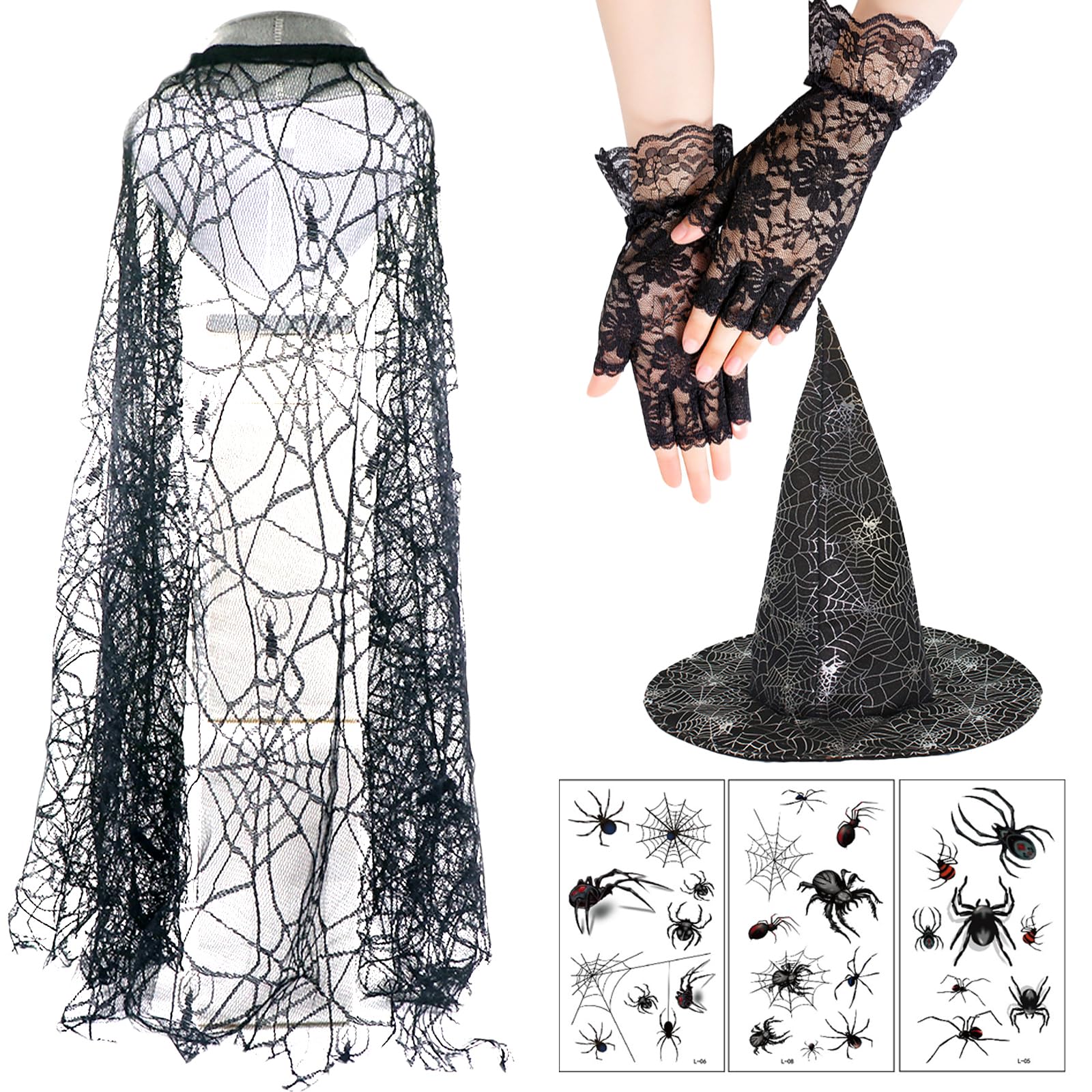 MAINOSHYWitch Costumes For Women , Day of the Dead Halloween Costume Set, 37In Spider Web Cape Wizard Hat Lace Gloves with Spider Tattoos Halloween Costume Witch Outfit for Halloween Party Fancy Dress Up