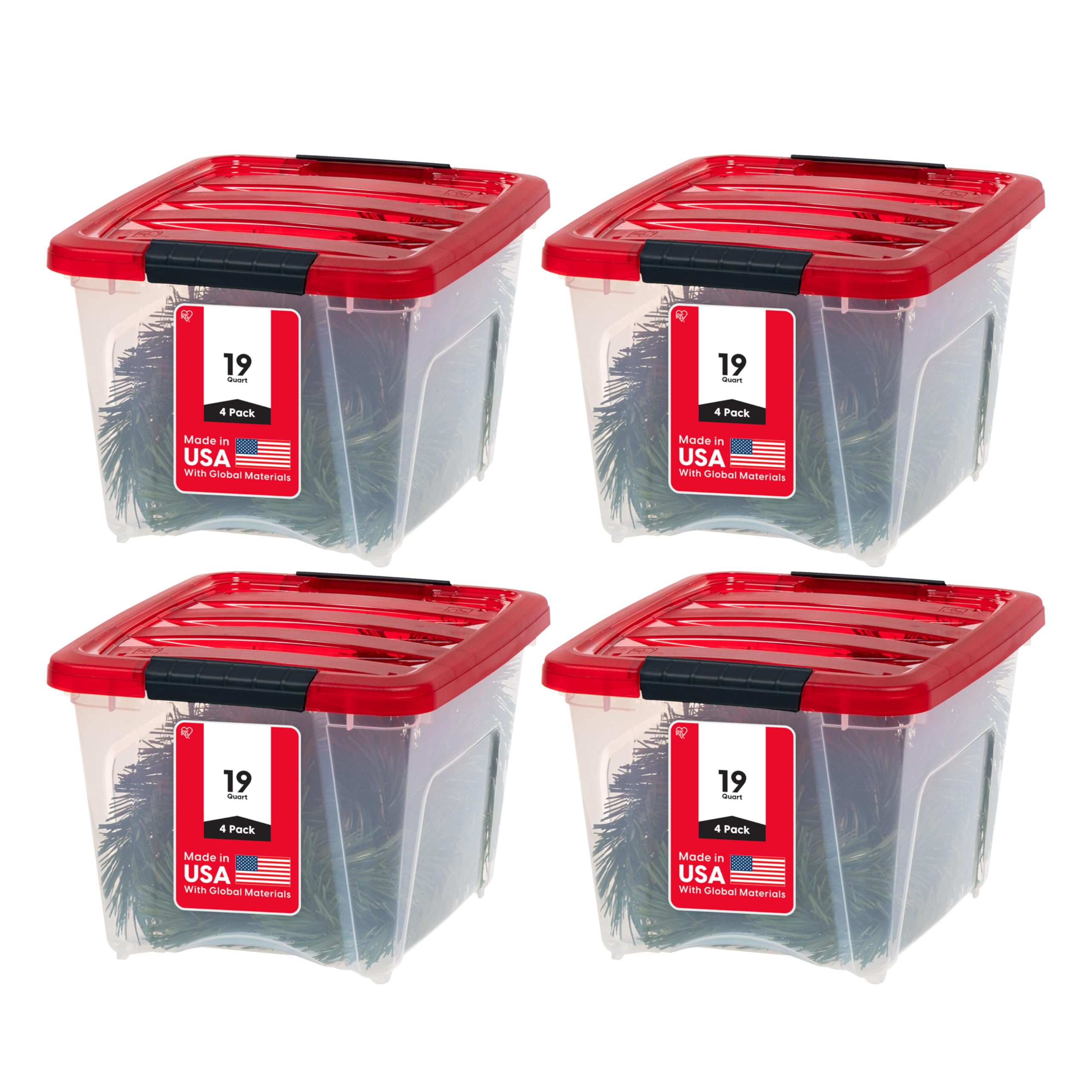 IRIS USA 19 Quart Stackable Plastic Holiday Storage Bins with Lids and Latching Buckles, 4 Pack - Clear/Red, Durable Containers for Long Term Storage Festive Seasonal Decorations Garlands Stockings