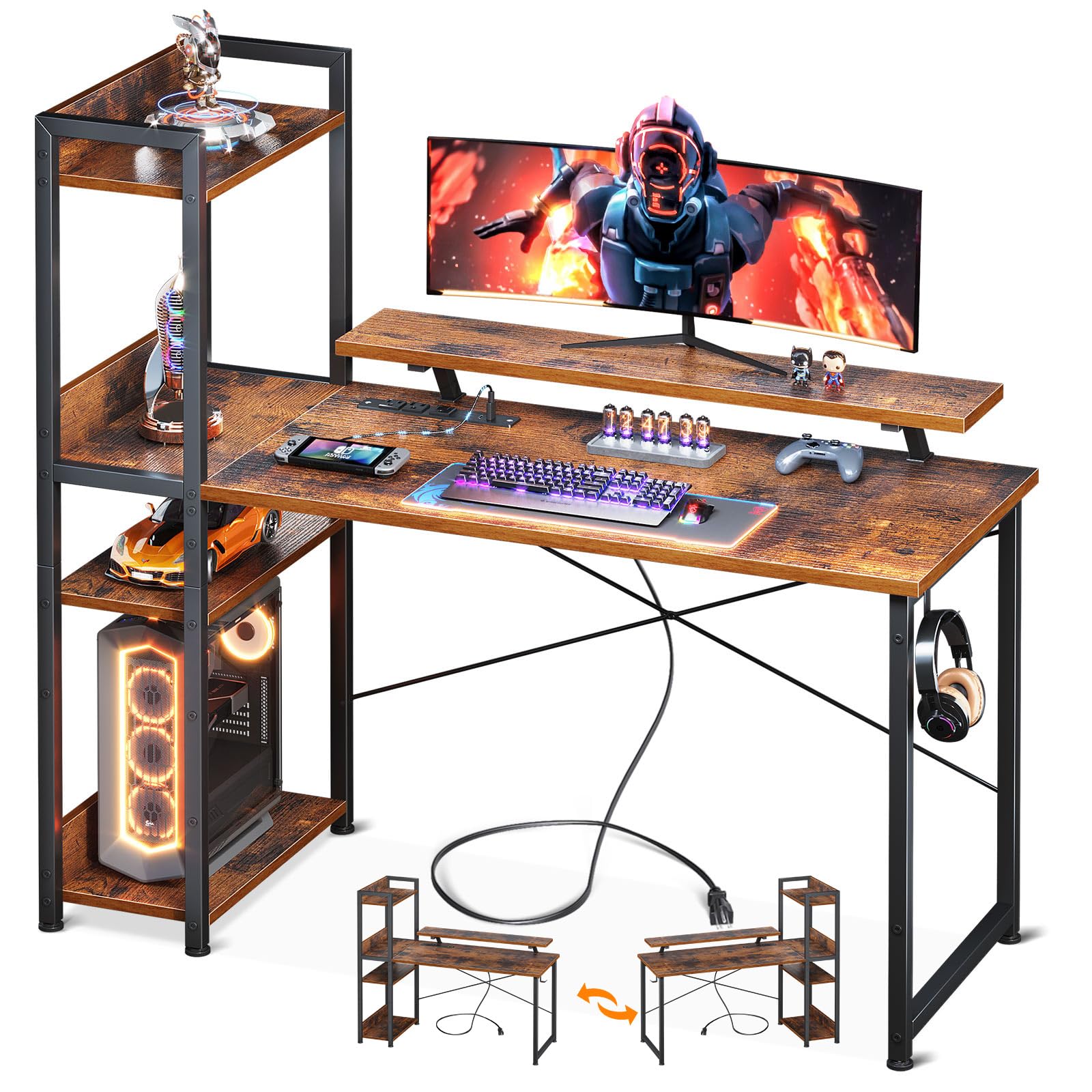 ODK Reversible Computer Desk with Power Outlets & USB Charging Port, 48 Inch Gaming with Storage Shelves and Monitor Stand, Modern Writing Study Desk for Small Space Bedroom, Rustic Brown