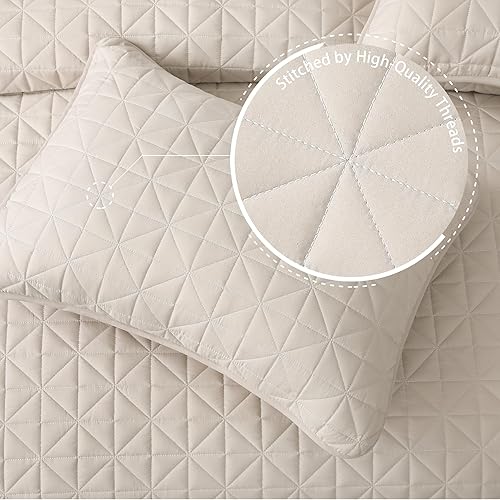 Miniatura 6 de Exclusivo Mezcla Juego de ropa de cama de tamaño individual con patrón de cuadrícula cosida, cubrecamas ligeras de verano beige Brich para todas las