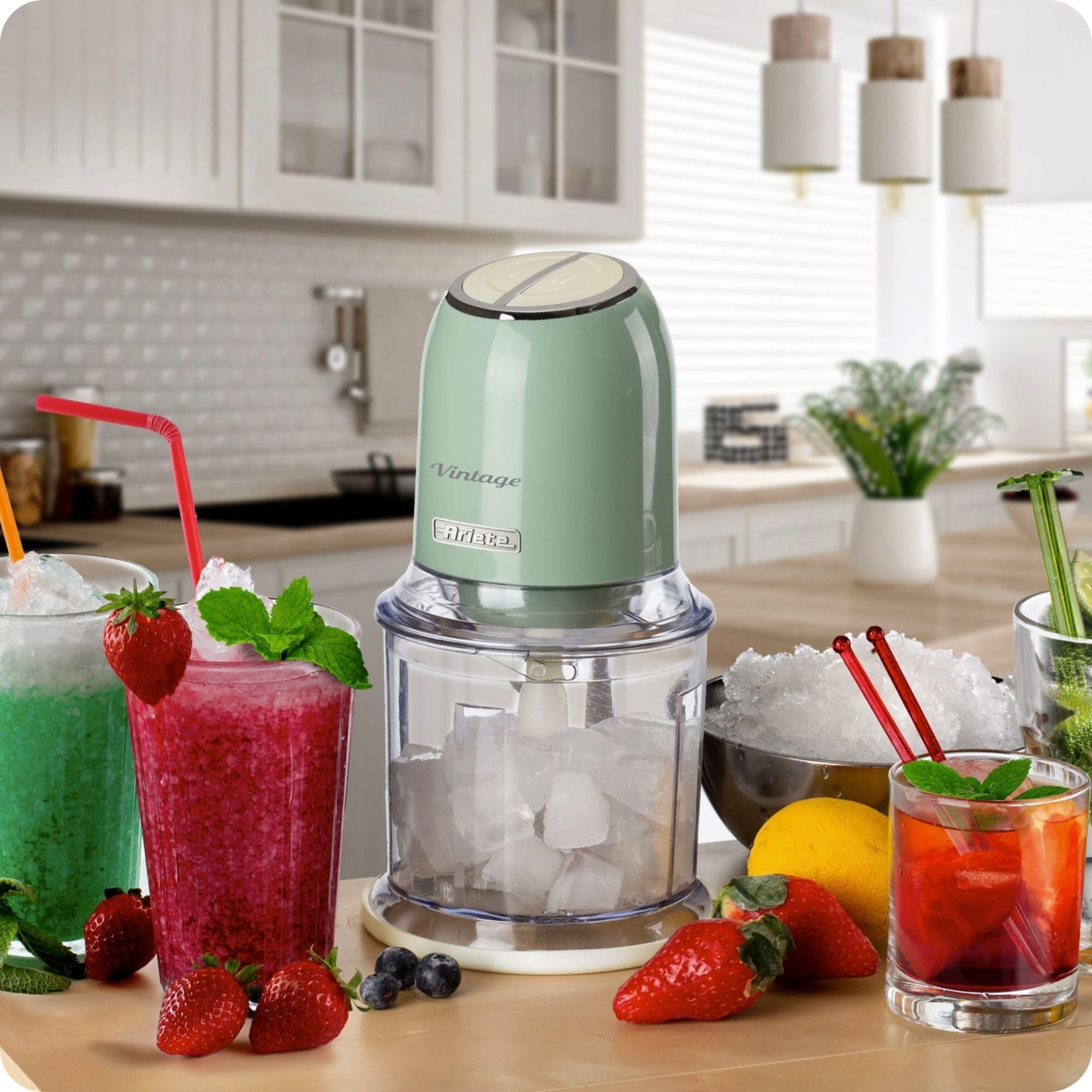 Ariete Vintage 438, Hachoir Électrique de Légumes et de Glace avec 2 Vitesses, 4 Lames en Acier Inoxydable, Pieds Antidérapants, 600 ml, 400W, Vert