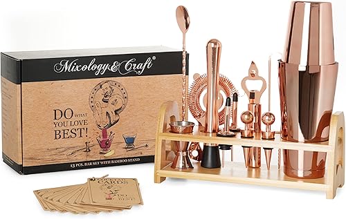 Mixology & Craft Kit de barman Juego de 13 piezas que incluye coctelería de acero inoxidable con soporte de barra y coctelera Boston, perfecto para