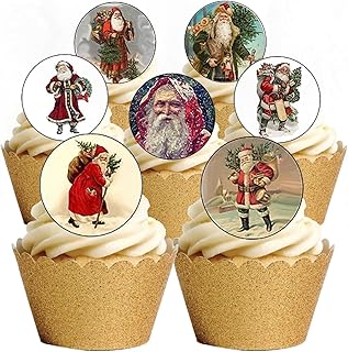 24 Precut Vintage Victorian Father Christmas Santa Themed Edible Cupcake Toppers Decorations