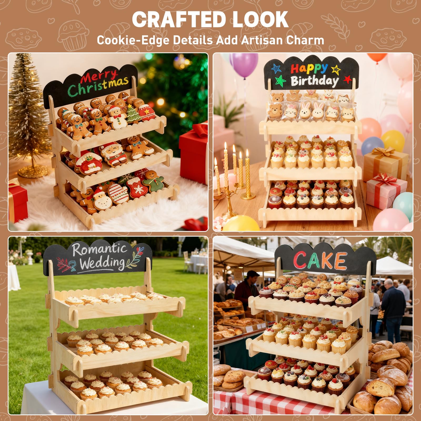 Keksständer, stabiler gestufter Plätzchenständer aus Holz mit Kreidetafel-Schild, werkzeuglose Montage für Cupcakes, Muffins, Gebäck, Marktstände und Veranstaltungen