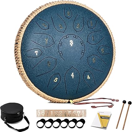 Steel Tongue Drum - 15 Note 12 Inch Tongue Drums - Percussion Instruments - Hand Pan Drum with Music Book, Drum Mallets and Carry Bag, D Major, Navy Blue