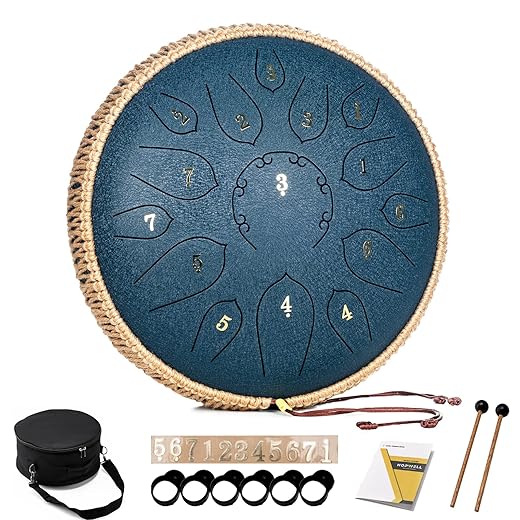 Steel Tongue Drum - 15 Note 12 Inch Tongue Drums - Percussion Instruments - Hand Pan Drum with Music Book, Drum Mallets and Carry Bag, D Major, Navy Blue