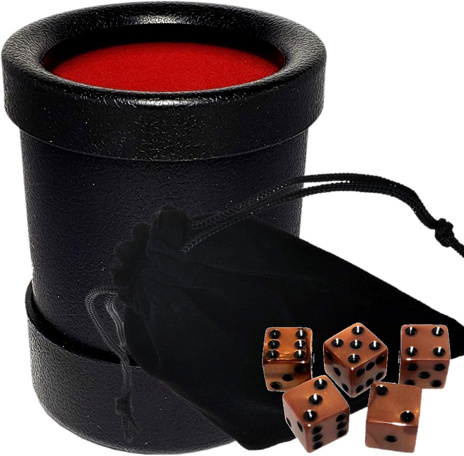 Cyber-Deals Set of (5) 16mm Dice Olympic Pearlized Square Cornered with Black Velvet Cloth Pouch Bag (Bronze w/Cup Bundle)