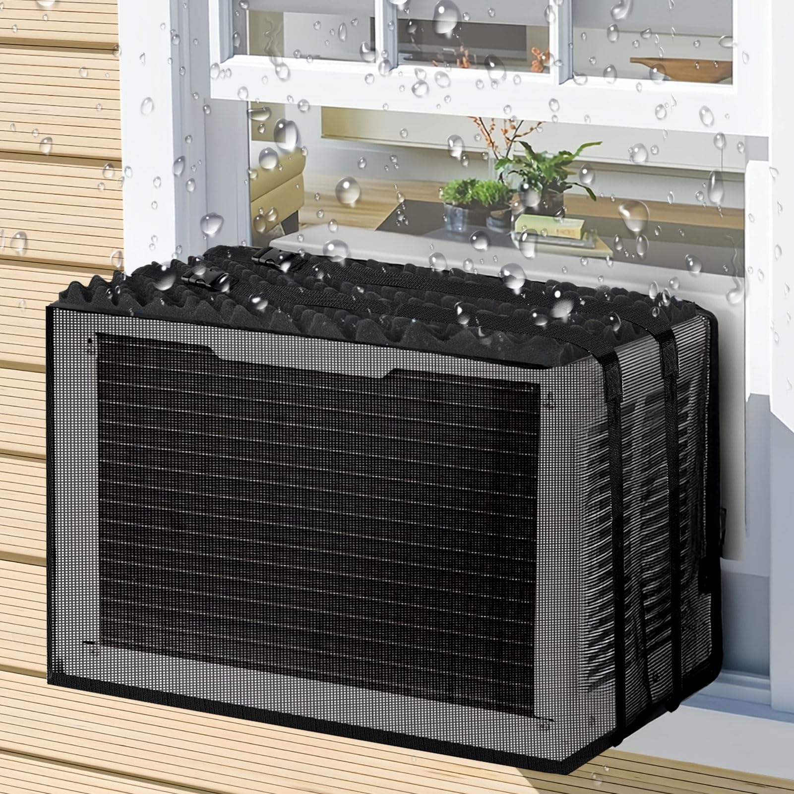Mesh Window Air Conditioner Cover for Outside, Waterproof Window Ac Unit Cover 21"W x 16"D x 15"H w/Air Conditioner Drip Cushion 23.6"L x 16.9"W Reduce Noise, Ac Covers for Outside Protection