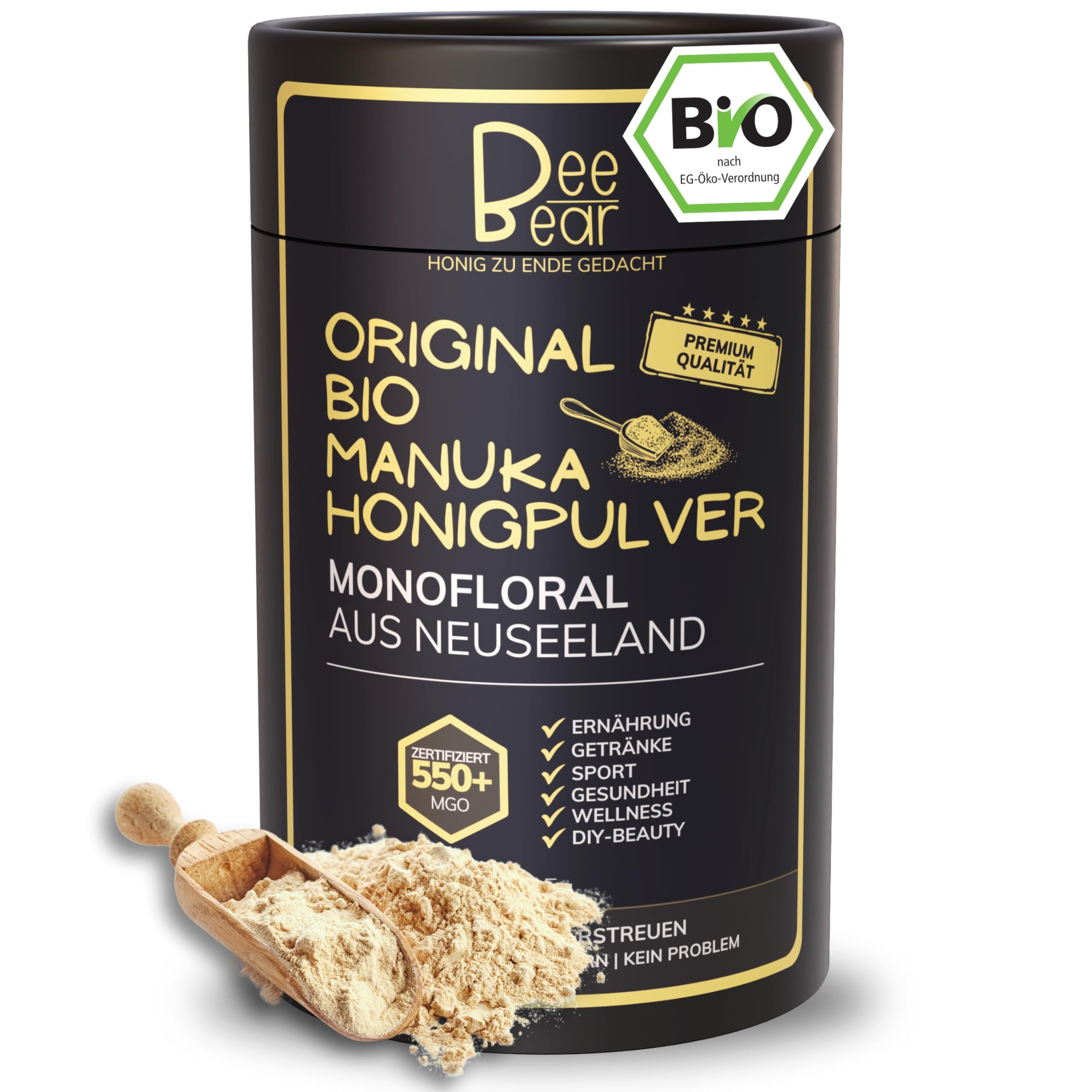 BeeBear Manuka Honigpulver MGO 550 | Bio Nahrungsergänzungsmittel + Superfood Pulver Bio zB für Smoothie & gesundes Frühstück | Porridge Topping Quark & Joghurt | Immunsystem stärken & Energy Pulver