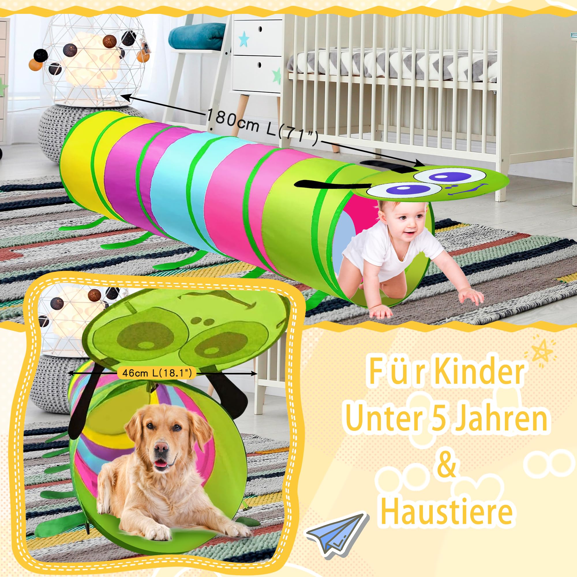 Tunel de Juego Infantil, Tienda Campaña Infantil de 1, 2 y 3 Años, Tunel de Juegos Multifuncional para Niños en Interior y Exterior, Túnel Infantil Plegable y Ligero