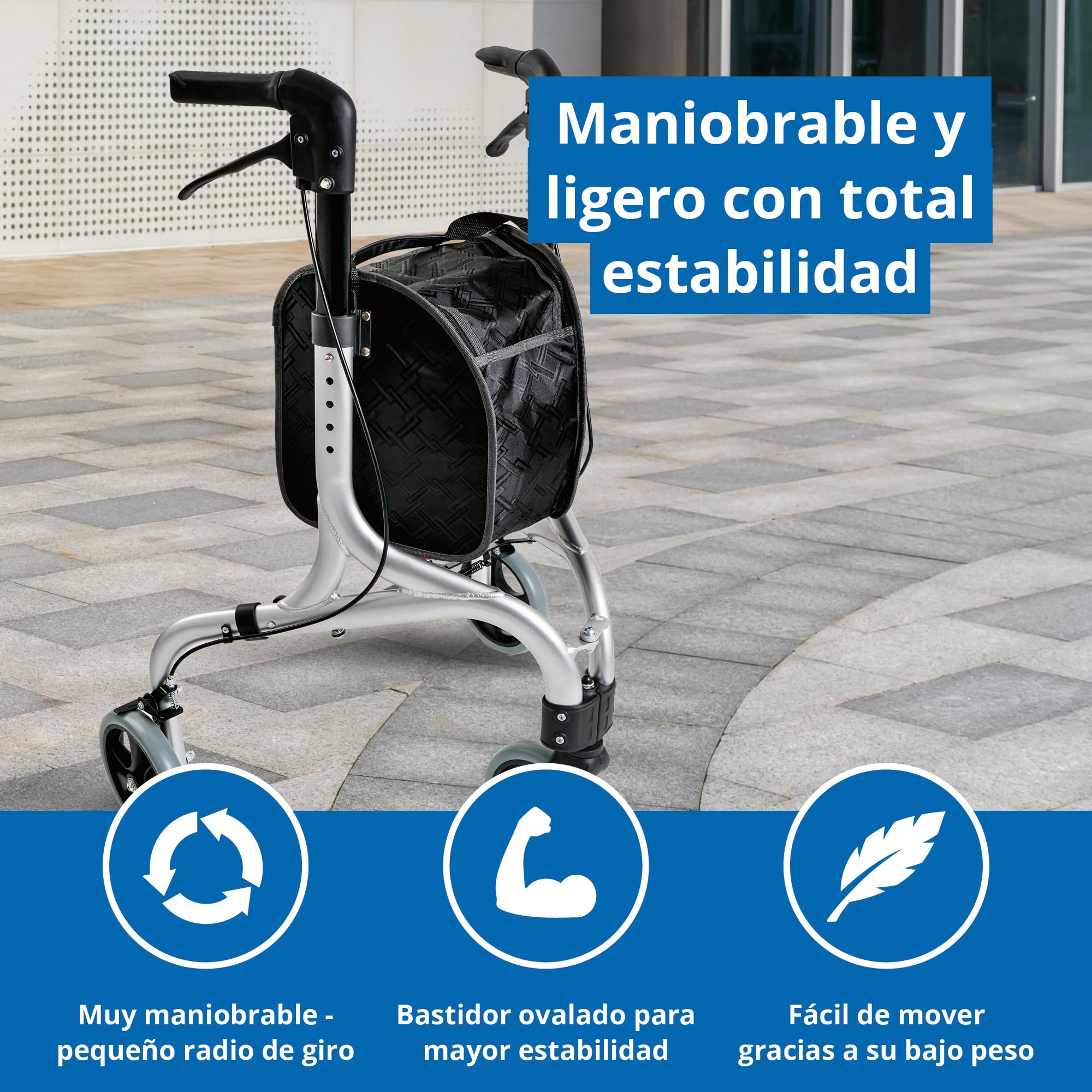 WEINBERGER faltbarer, klappbarer Aluminium Rollator mit 3 Rädern und Tasche, schmal, leicht und wendig, nur 4,2 kg, Farbe: Silber-Schwarz, Modell: 02217