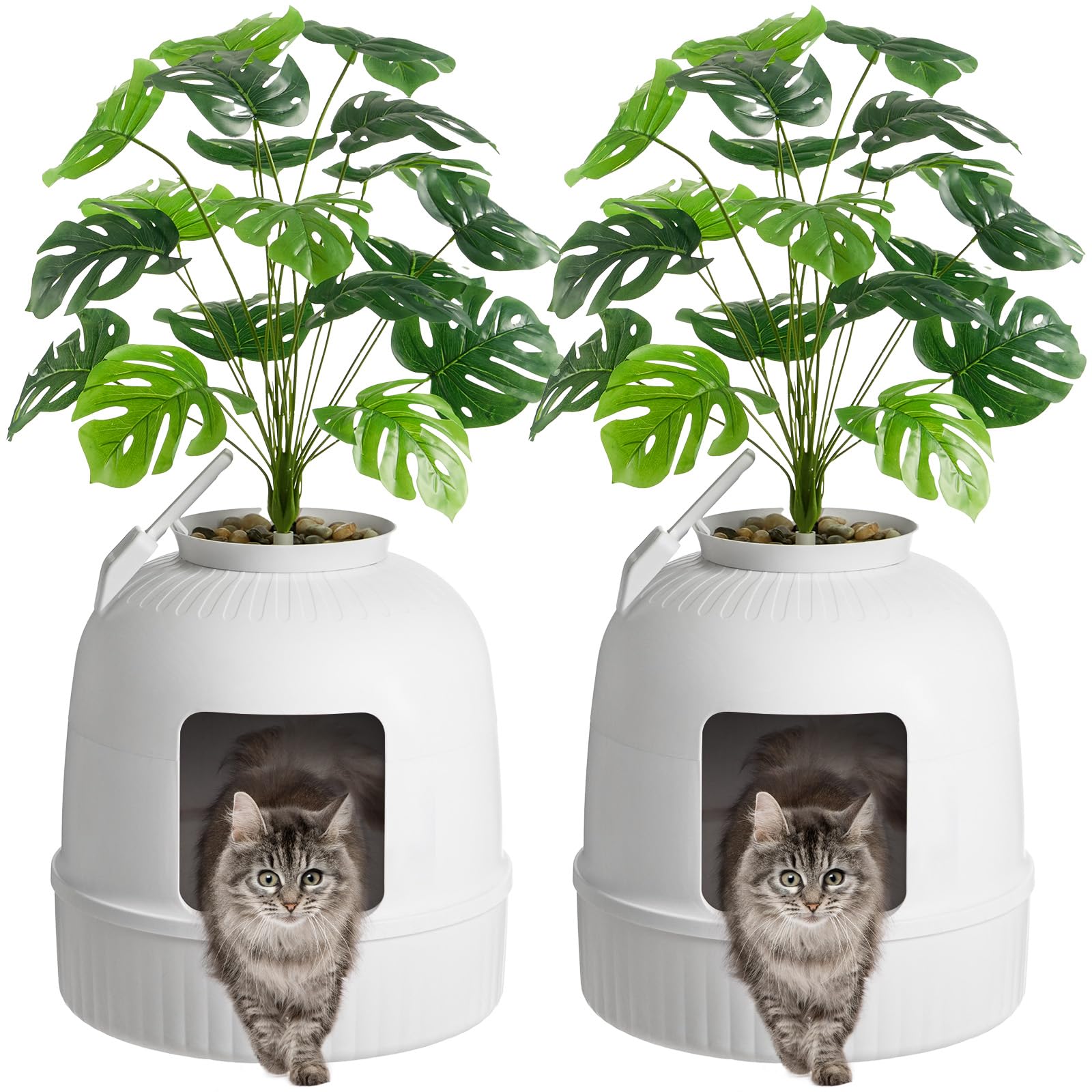 Lifewit 2 Pack Litter Box Cat with Faux Plant & Scoop, Hidden Enclosure Litter Tray with Odor Control & Carbon Filter in Living Room, Bedroom, Corner, White
