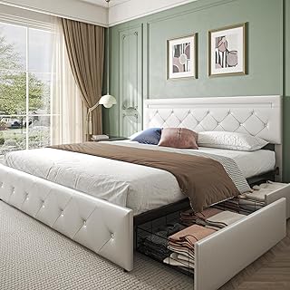 Bed Frame Queen Size with Storage Drawers and LED Light, 2 Sockets and 2...