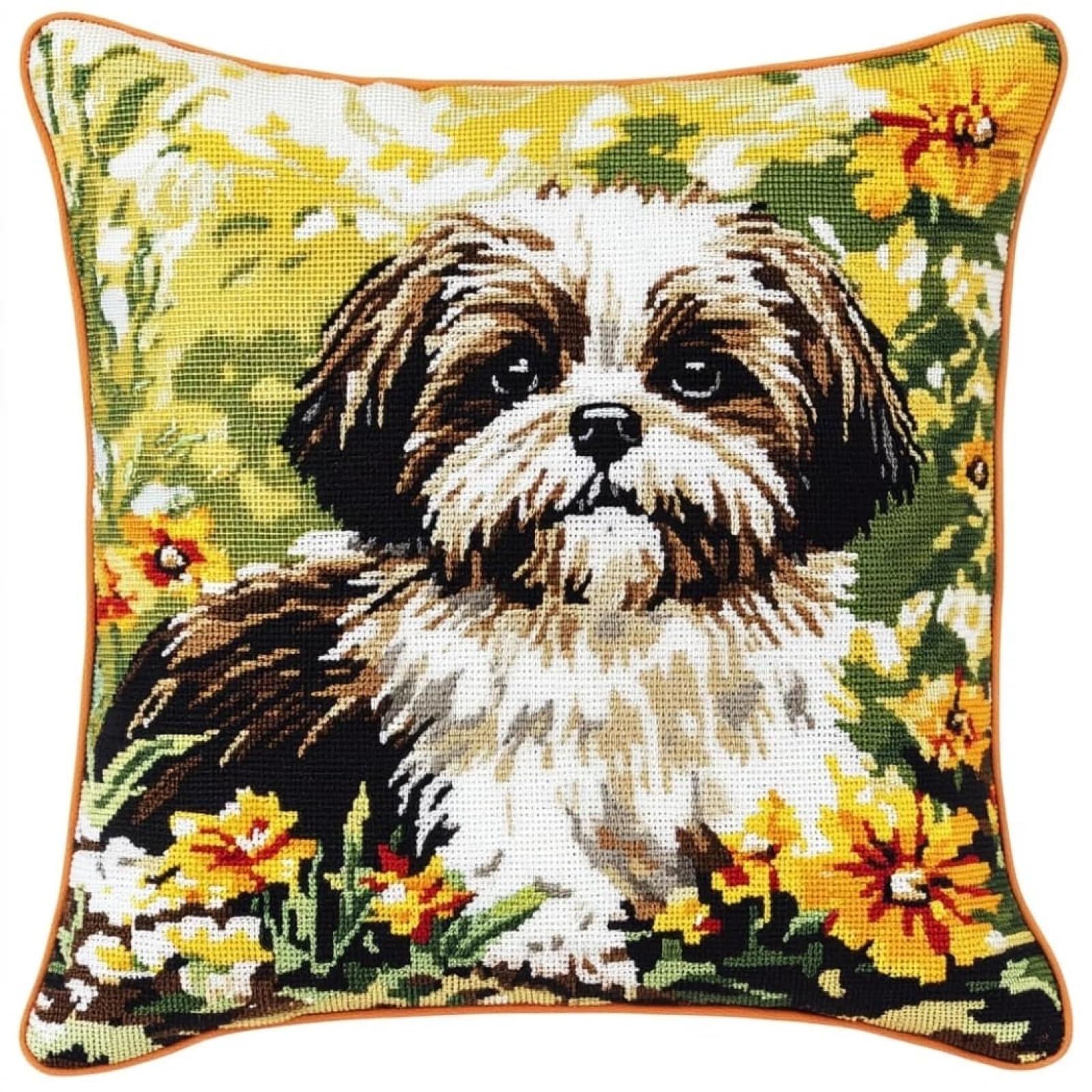 WallustrioaW Cross Stitch Kits Cushion Throw Pillow,Shih Tzus and Flowers Needlework Kit for Adult Beginners 11ct Set Decoration Embroidery Pillow Case 18x18in