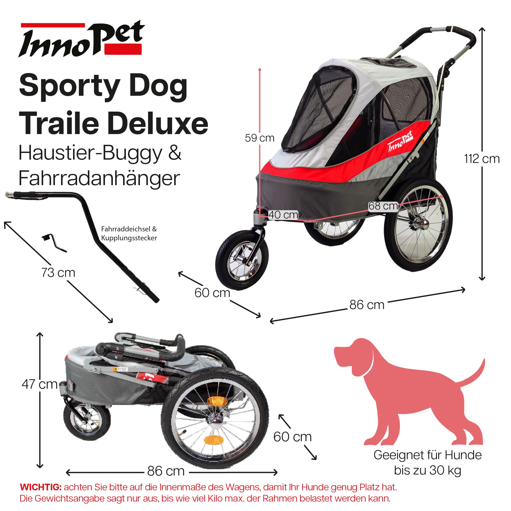 Hundebuggy & Fahrradanhänger für Hunde - Innopet Sporty Dog Trailer Deluxe Hundeanhänger für Fahrrad - Rot/Weiß - zusammenklappbar - mit Regenschutz - Luftreifen - Fahrradkit inklusive