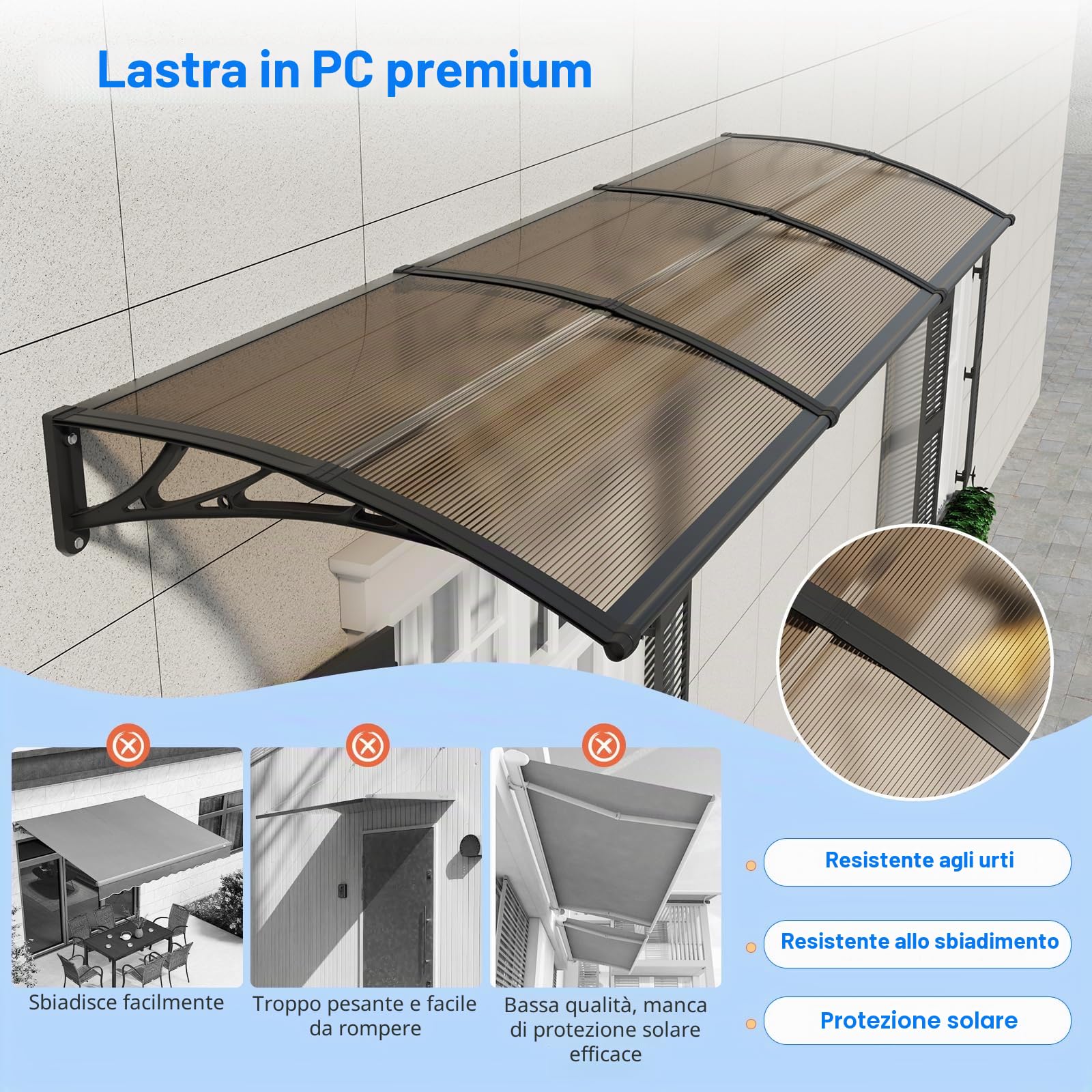 Pensilina Tettoia per Porta Balcone Esterno 200x100 cm in Policarbonato,Baldacchino Tetto per Finestra e Veranda, con Protezione UV, Antipioggia e Antineve