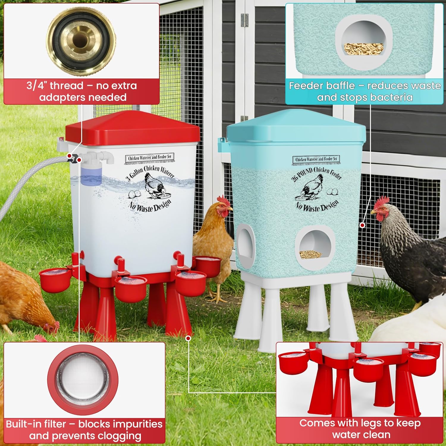 Automatic Chicken Feeder and Chicken Waterer Set with Float Valve, 3 Gallon Chick Feeder Coop Poultry Waterer with Nipples and Feeding Ports No Waste,Standing/Hanging Use, Chicken Coop Accessories