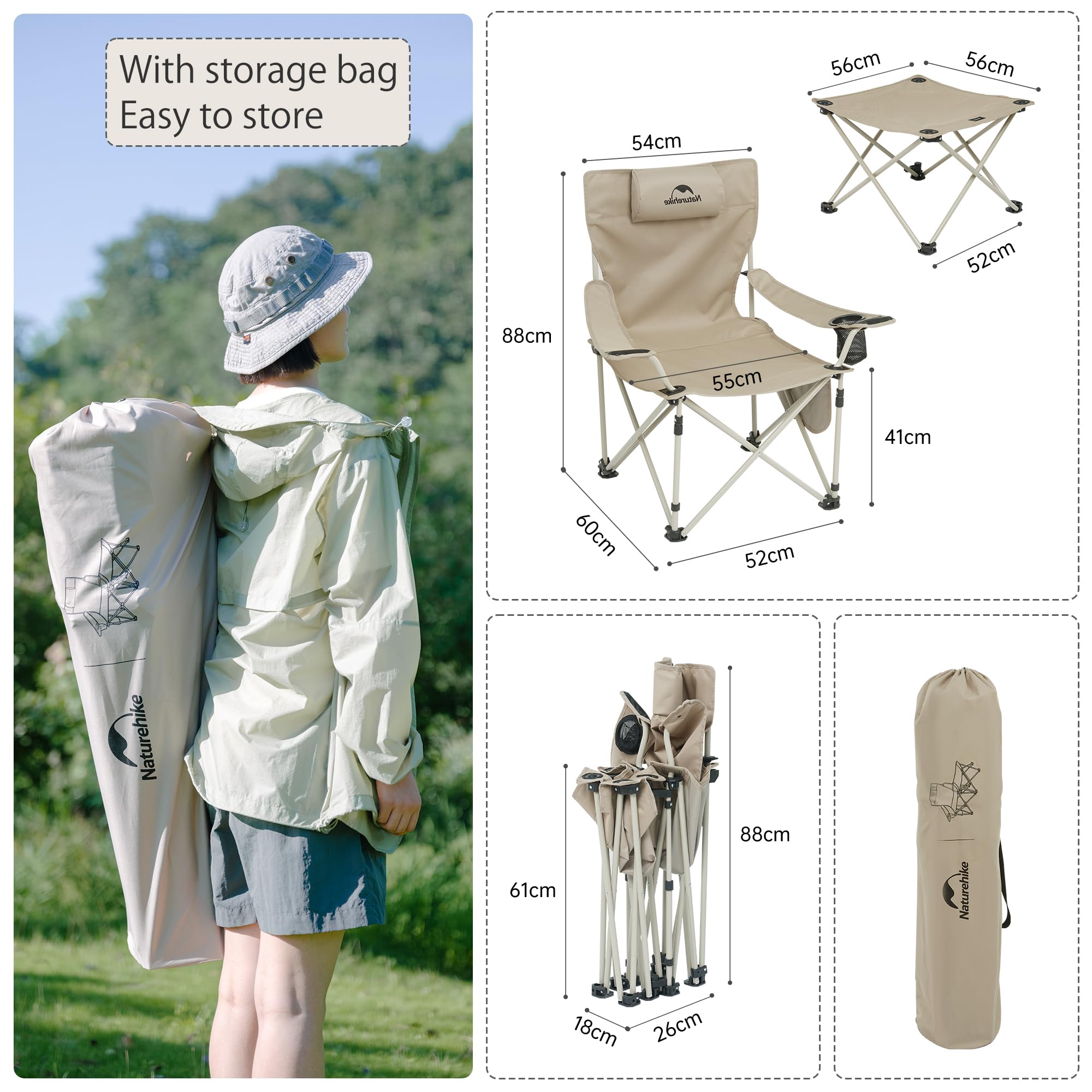 Naturehike Sedia Lounge Staccabile Pieghevole con Braccioli e Portabicchieri Poltrona da Giardino