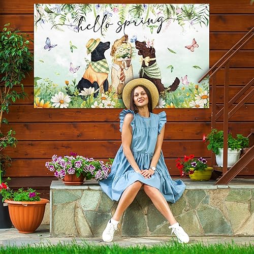 Miniatura 5 de Moukeren Fondo de decoración de primavera con texto en inglés Hello Spring para perros y perros, pancarta floral de poliéster para fotografía de