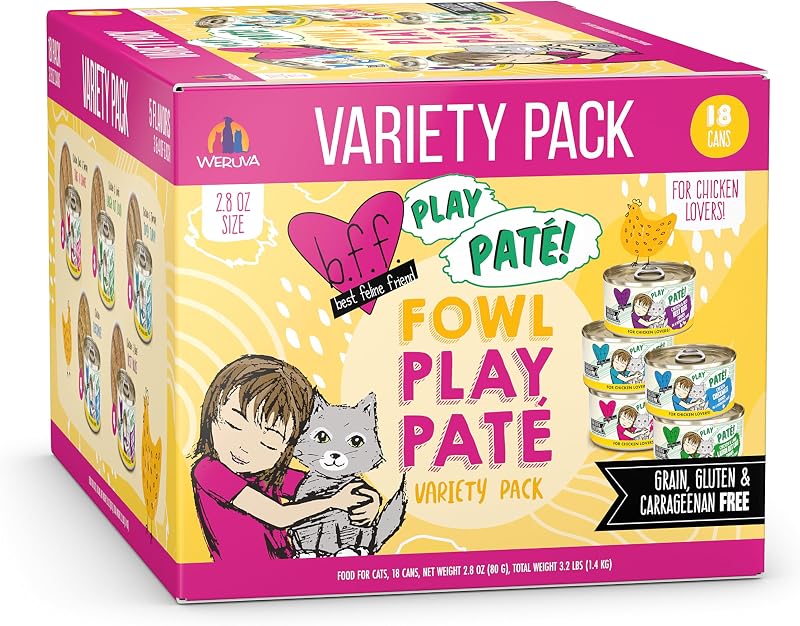 Ração úmida para gatos Weruva B.F.F. Play Patê Lovers Fowl Play Yellow, sem peixe, Pacote com 18 latas de 79 g