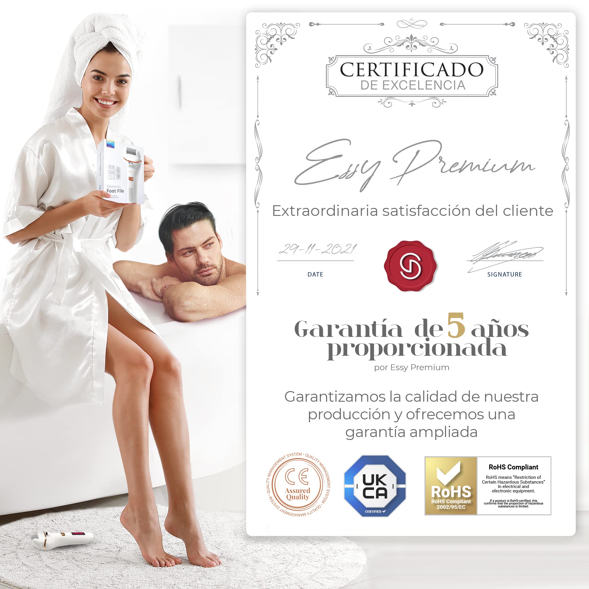 Essy Lima Eléctrica para Pies con 5 Rodillos de Repuesto – Removedor de Callos Recargable, 2 Velocidades, Pantalla LED, Carga USB, Kit de Pedicura (Blanco)