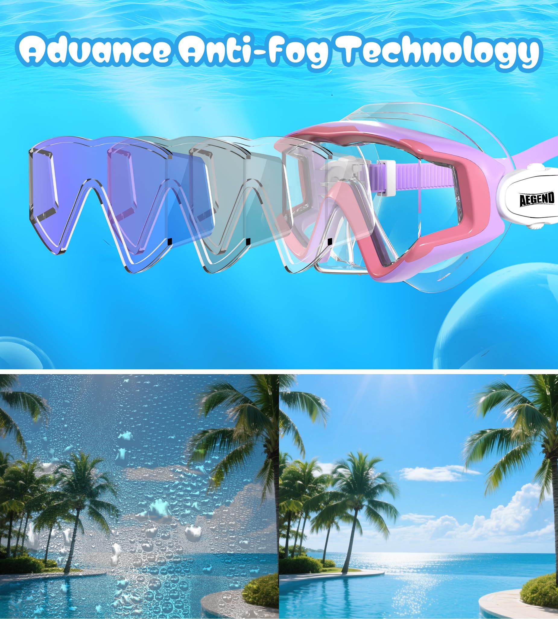 Aegend Maschera da snorkeling per adulti, ragazzi e bambini, con valvola di asciugatura superiore, vista panoramica, anti-perdite e anti-appannamento, con borsa a rete per snorkeling, immersioni