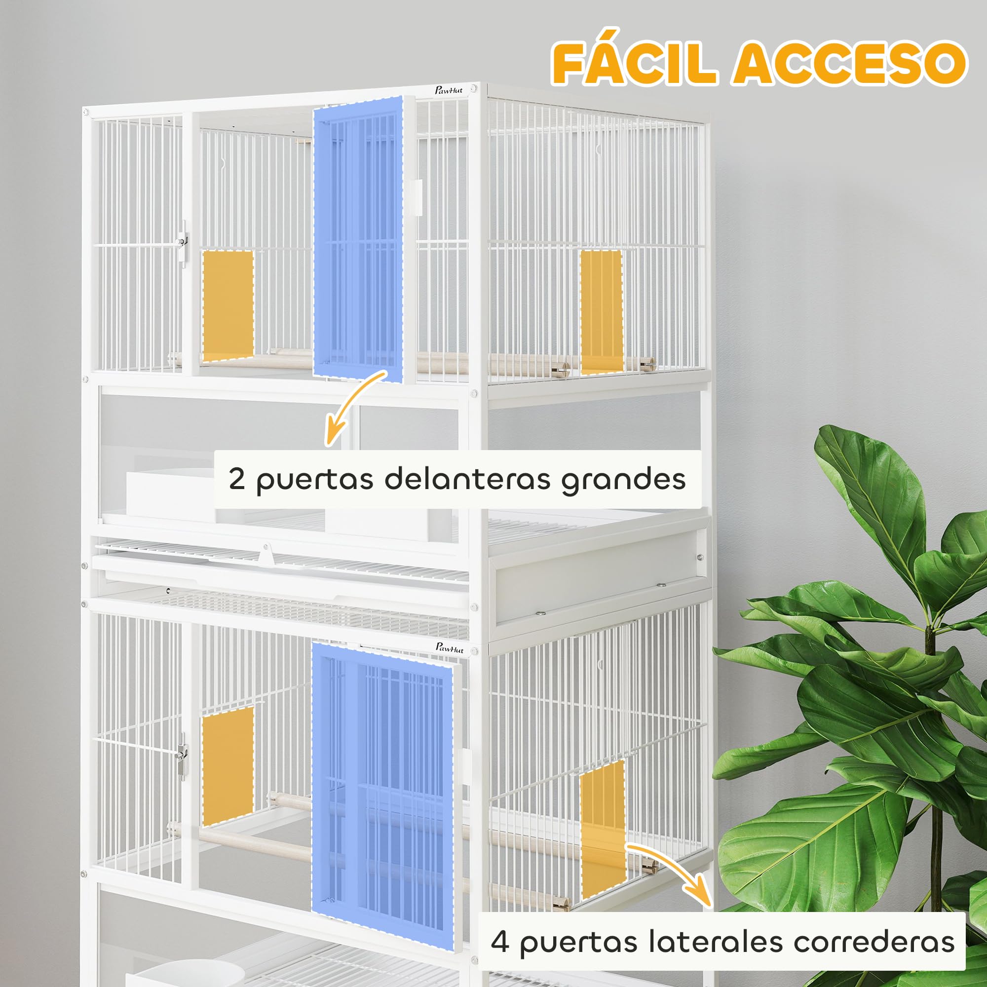 Pawhut Jaula para Pájaros Jaula Grande de 2 Niveles con Ruedas Paneles Acrílicos Comederos Perchas Estante Bandejas Extraíbles Pajarera para Loros Canarios 48x46x134,5 cm Blanco