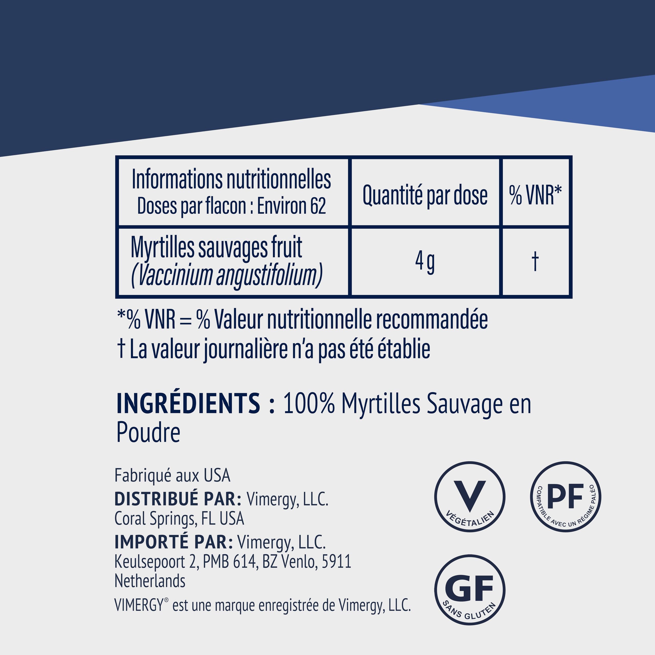 Vimergy Poudre de Myrtille Sauvage, 30 Portions – Myrtille Sauvage – Poudre Faites Avec des Myrtilles Entières – Complément Végan – Formulé sans Sucre Ajouté ni Additifs – Sans OGM ni Gluten (120g)