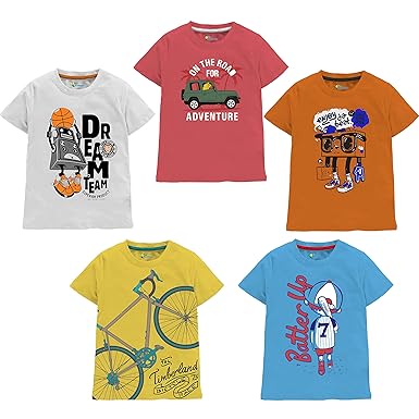 Real Basics Boys Tshirt Pack of 5 Cotton, Regular Fit, Multicolour