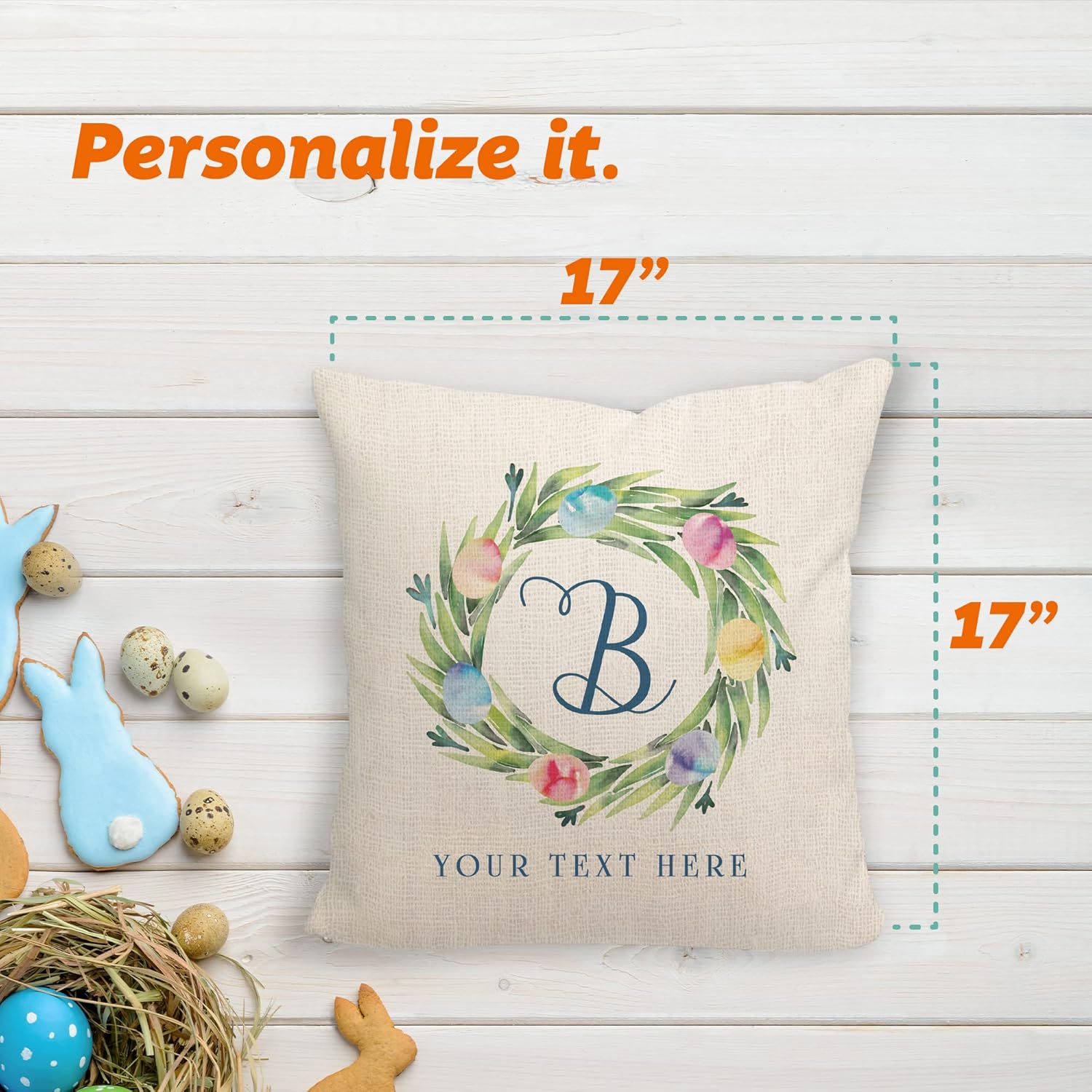 Pattern Pop - Personalized Easter Throw Pillow - Springtime Decorative Throw Pillow - 17” x 17” Square Pillow - Includes Cover and Pillow - Tulip Wreath and Script Initial - Linen