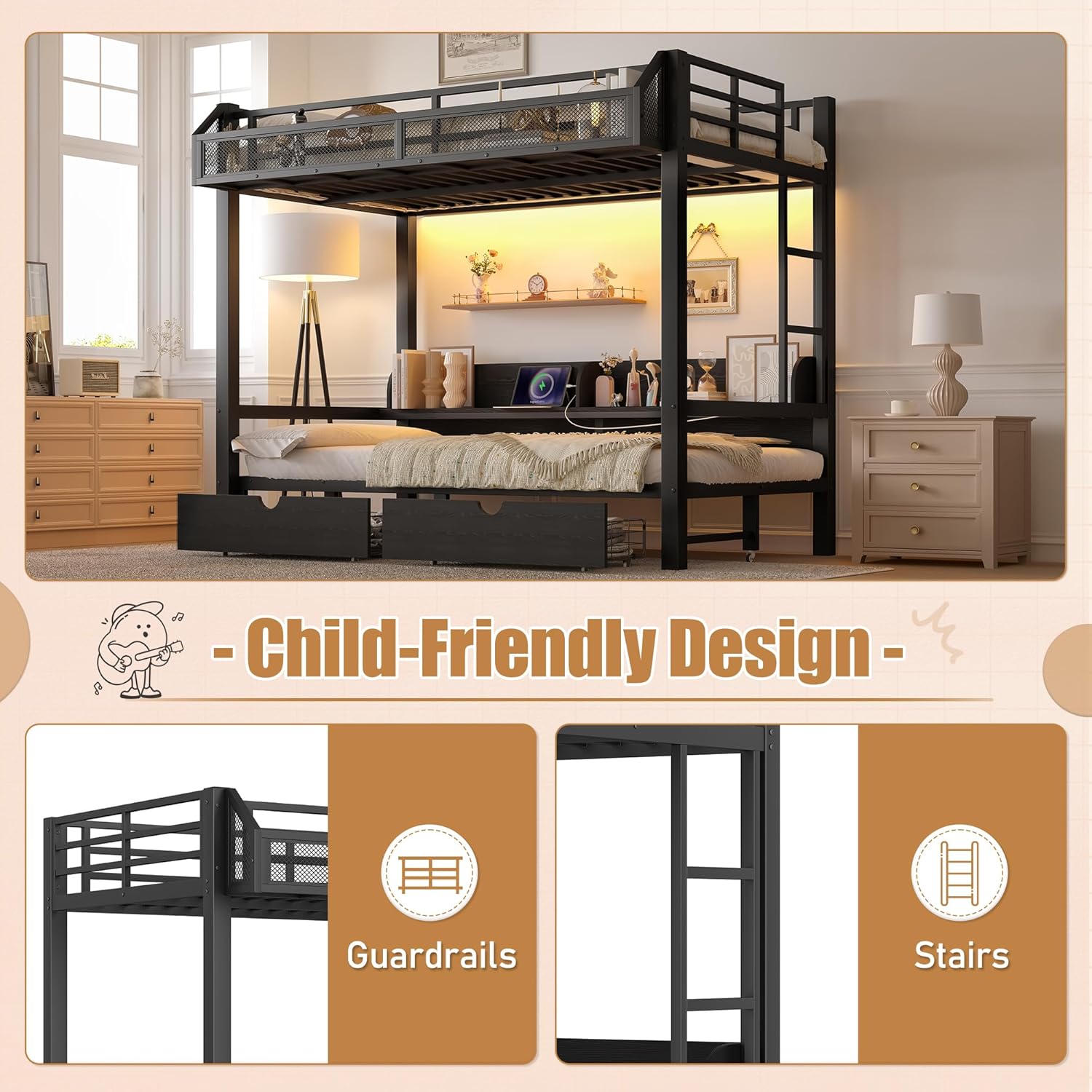 KEIKI Twin XL Over Twin XL Bunk Bed with Storage Shelves and Drawers, Metal Bedframe with with USB Ports, Box Spring Required, Black