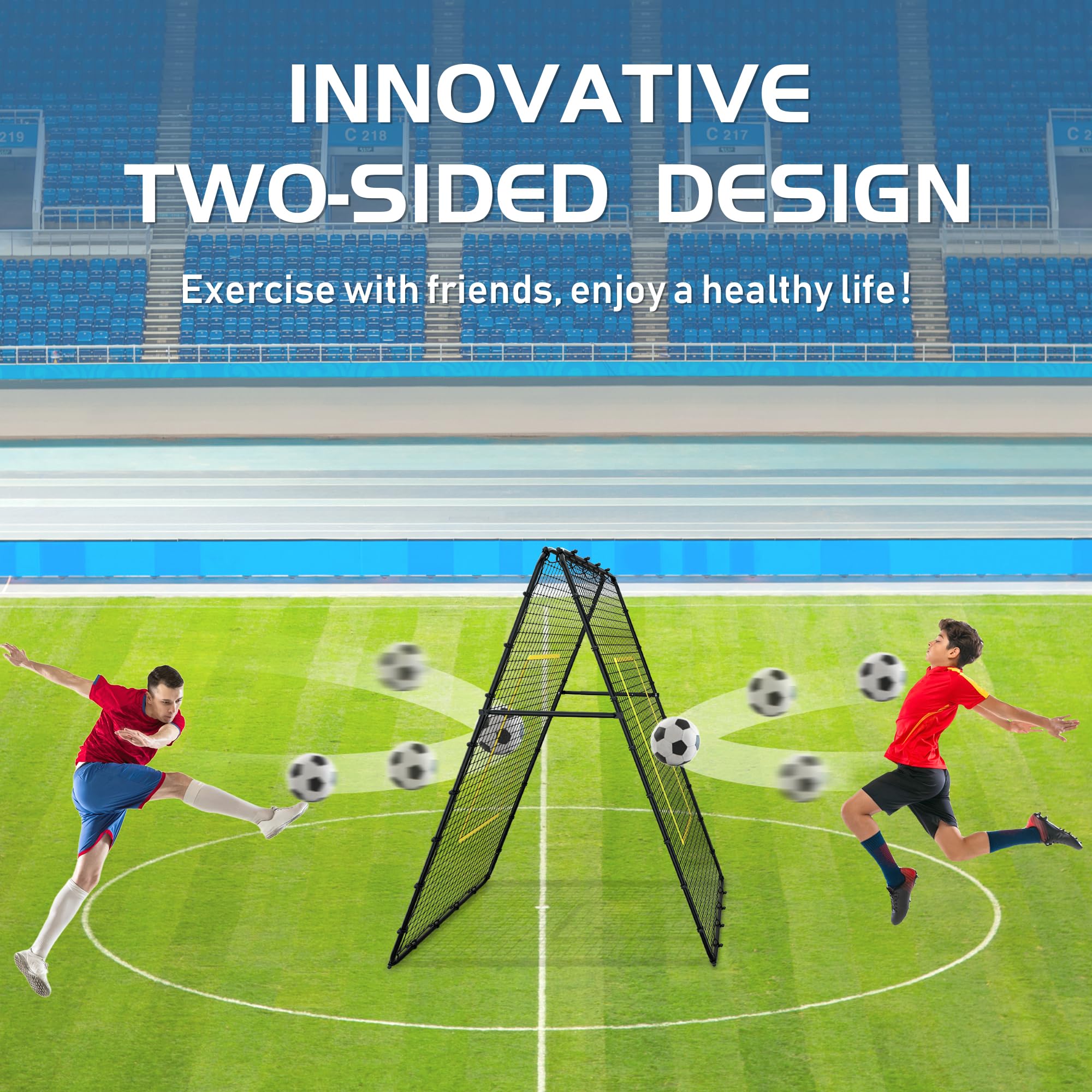 Jolitac Doppelseitiges Volleyball Rebounder Net, Trainingsgerät Rückprallwand Netz mit Schlag-Zone, Double Sided Rücksprungnetz for Volleyball Fußball Baseball Lacrosse Tennis 213x122cm