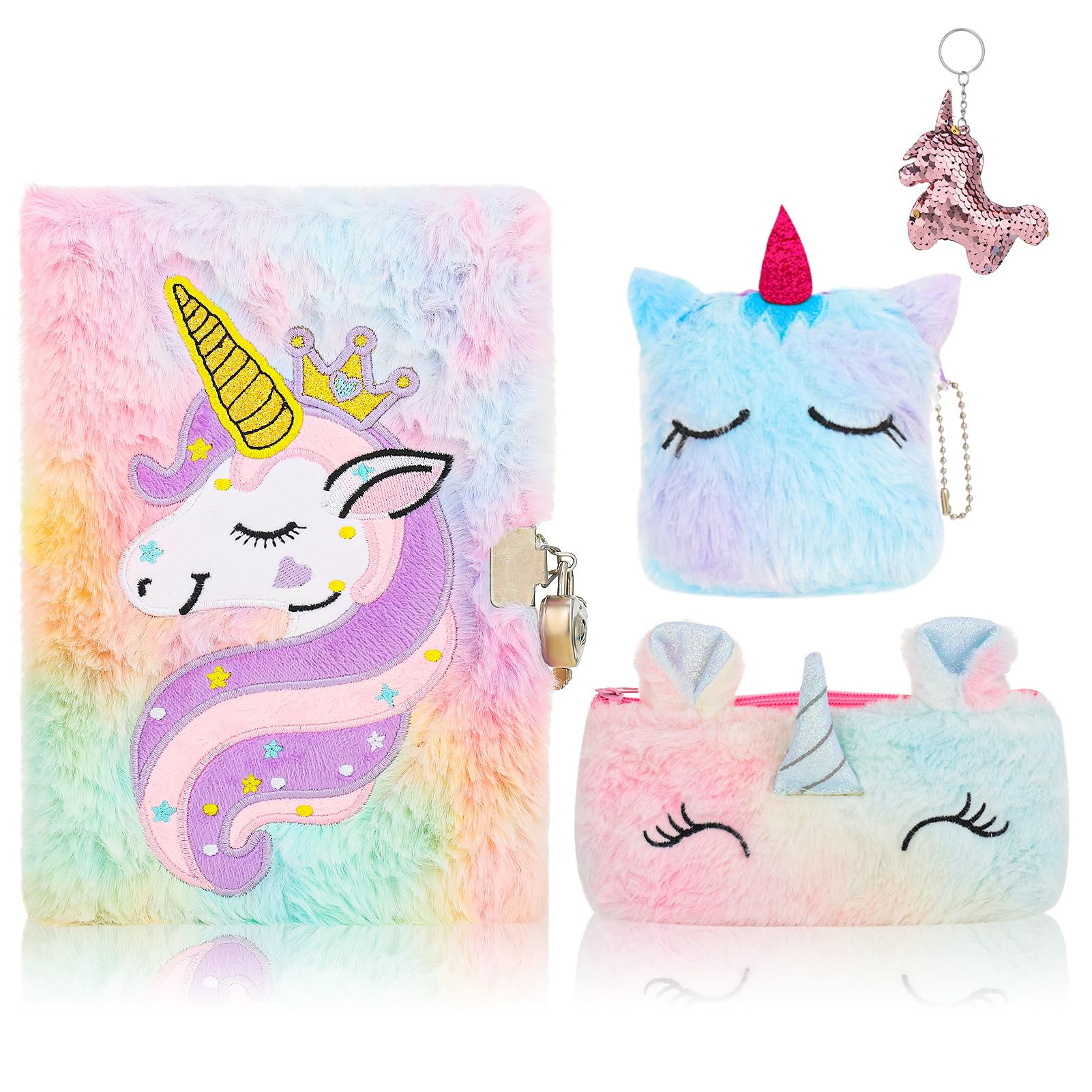 Photo 1 of Auidy_6TXD Unicorn Plush Diary with Lock and Keys, Fuzzy Notebook Journal for Girls, Secret Diary