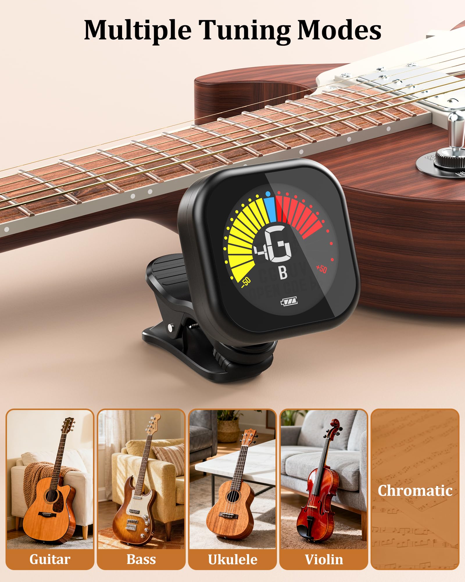 New Bee Guitar Tuner Clip On, Rechargeable Clip On Tuner for Guitar with LCD Display Guitar Tuners for Guitars Bass, Violin - Image 3