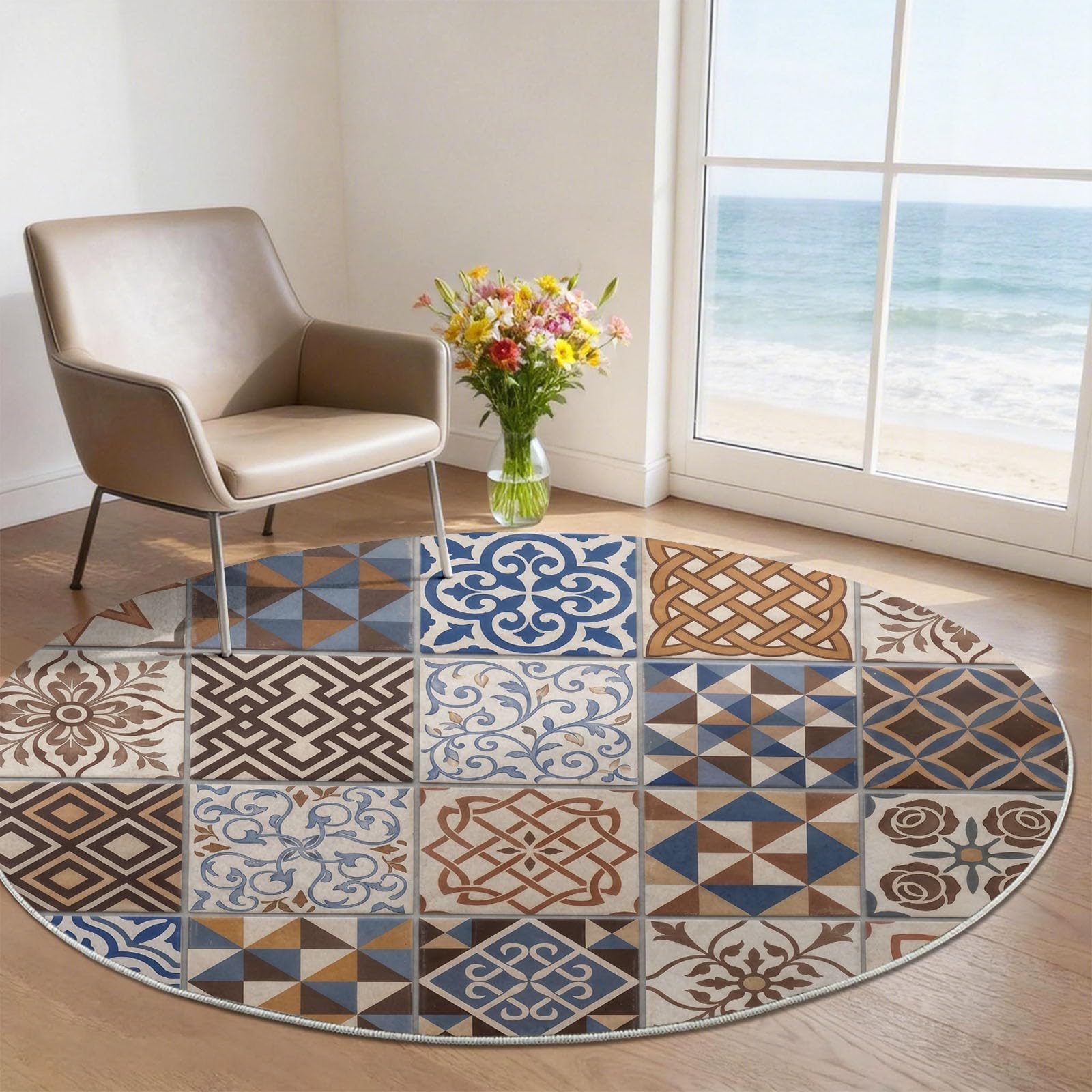 Geometrisch Runder Teppich 120 cm, Waschbar rutschfest Teppiche, Pflegeleichter Weich Bunte Mosaikfliesen Teppich Rund für Flur Küche Eingang Wohnzimmer Kinderzimmer, Mehrfarbig Blau