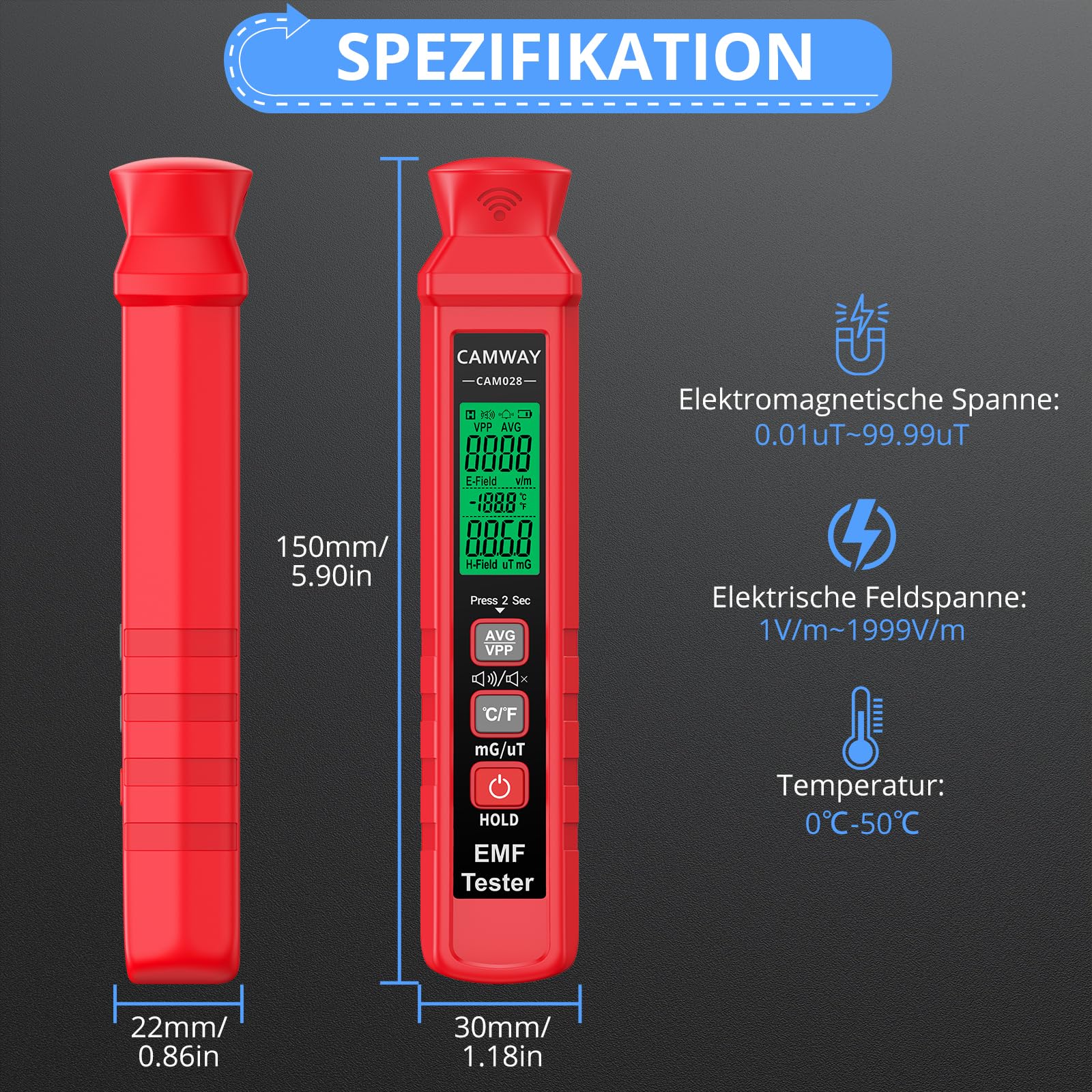 CAMWAY EMF-Messgerät, digitales EMF-Tester LCD Strahlungsdetektor für Elektrisches & Magnetisches Feld, Handheld EMF-Meter mit Dual Alarm