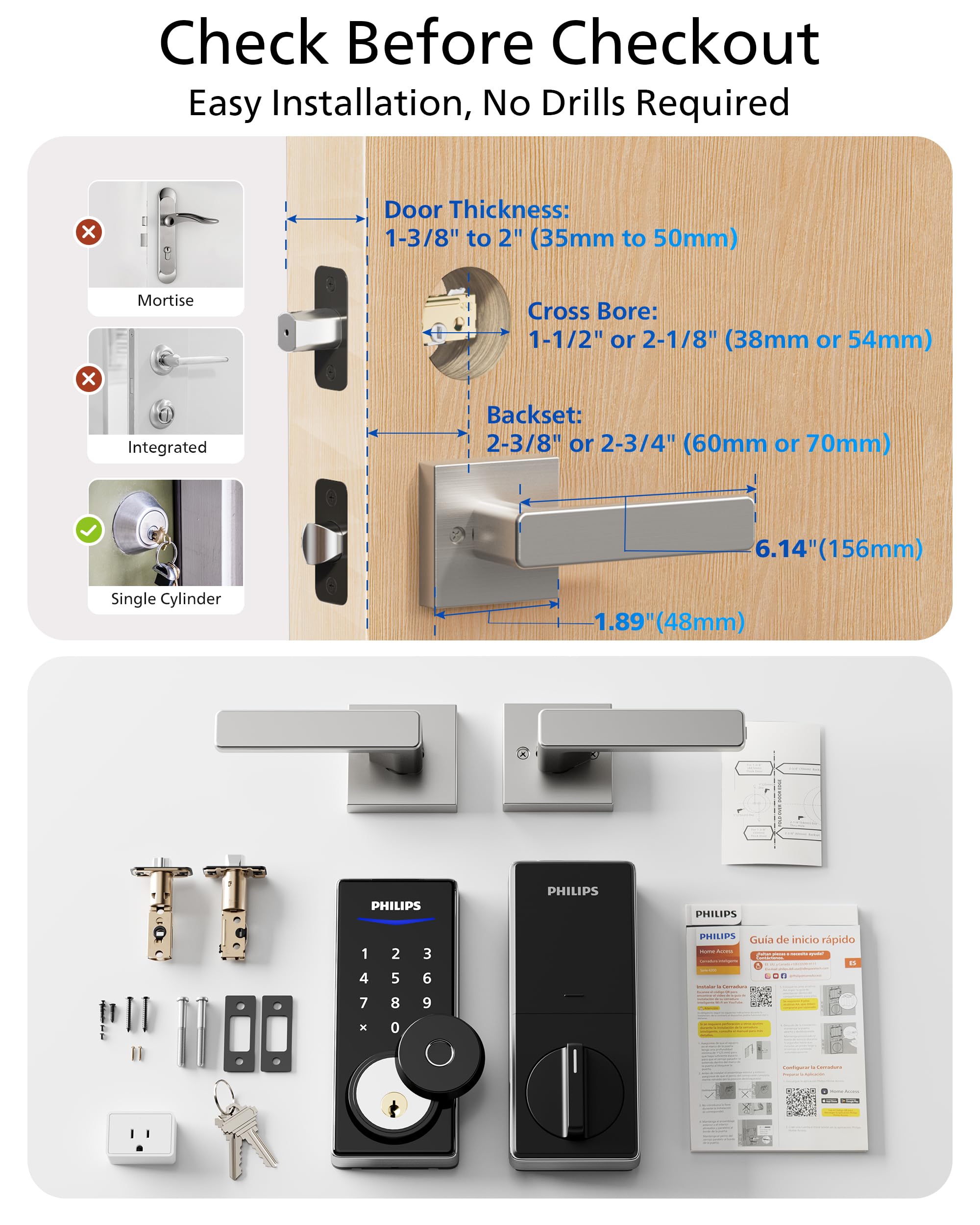 Philips WiFi Smart Lock with Handle, Fingerprint Keyless Entry Door Lock with WiFi Bridge, Smart Locks for Front Door with Handle Set, APP Remote Control, Work with Alexa&Google Assistant, Auto-Lock