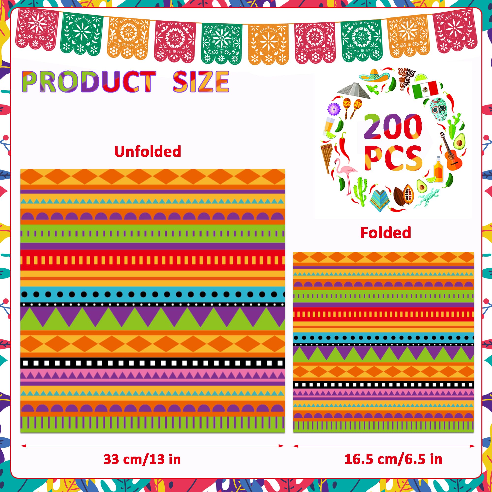 200Pcs Mexican Fiesta Party Napkins Mexican Theme Party Paper Napkins Disposable Napkins Set Mexican Fiesta Paper Luncheon Napkins Supplies