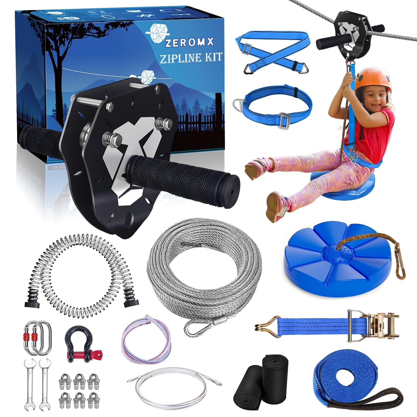 120ft Zip Line Kit for Kids Adults Up to 380lb | Removable Lion Trolley, 6.5ft Spring Brake, Upgraded Ratchet System, Safety Harness, Backyard Zipline Set for Outdoor