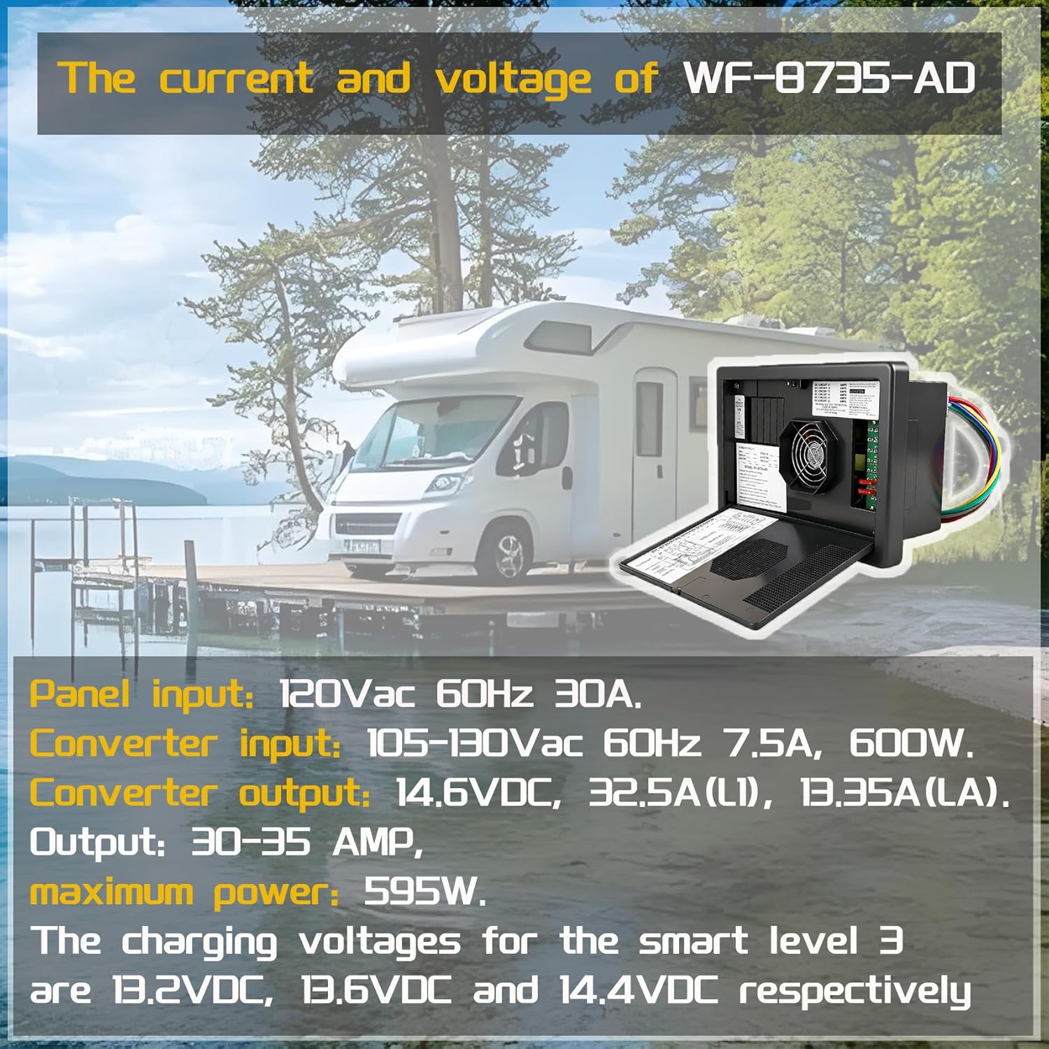WF 8735 AD, WF 8735 P, 30Amp RV Power Converter, Intelligent Detect of Lead Acid, Lithium, 3 Level Charging, 30/35 Amp DC Output, Fit for RV, Campers, Travel Trailers, Caravans, 5 Year Warranty