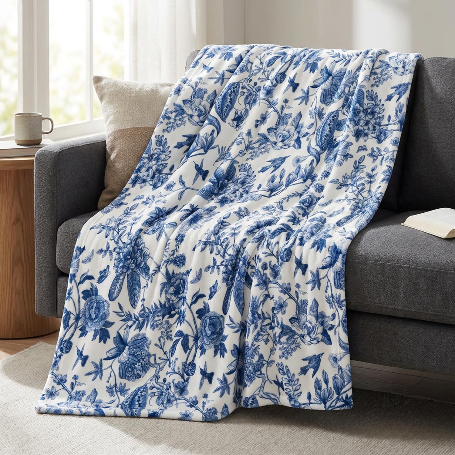 horaldaily spring summer flannel blanket throw, blue hand-drawn flowers soft fuzzy plush cozy fleece blankets for couch sofa bed lounging, ideal gifts for kids adults self, 50x60