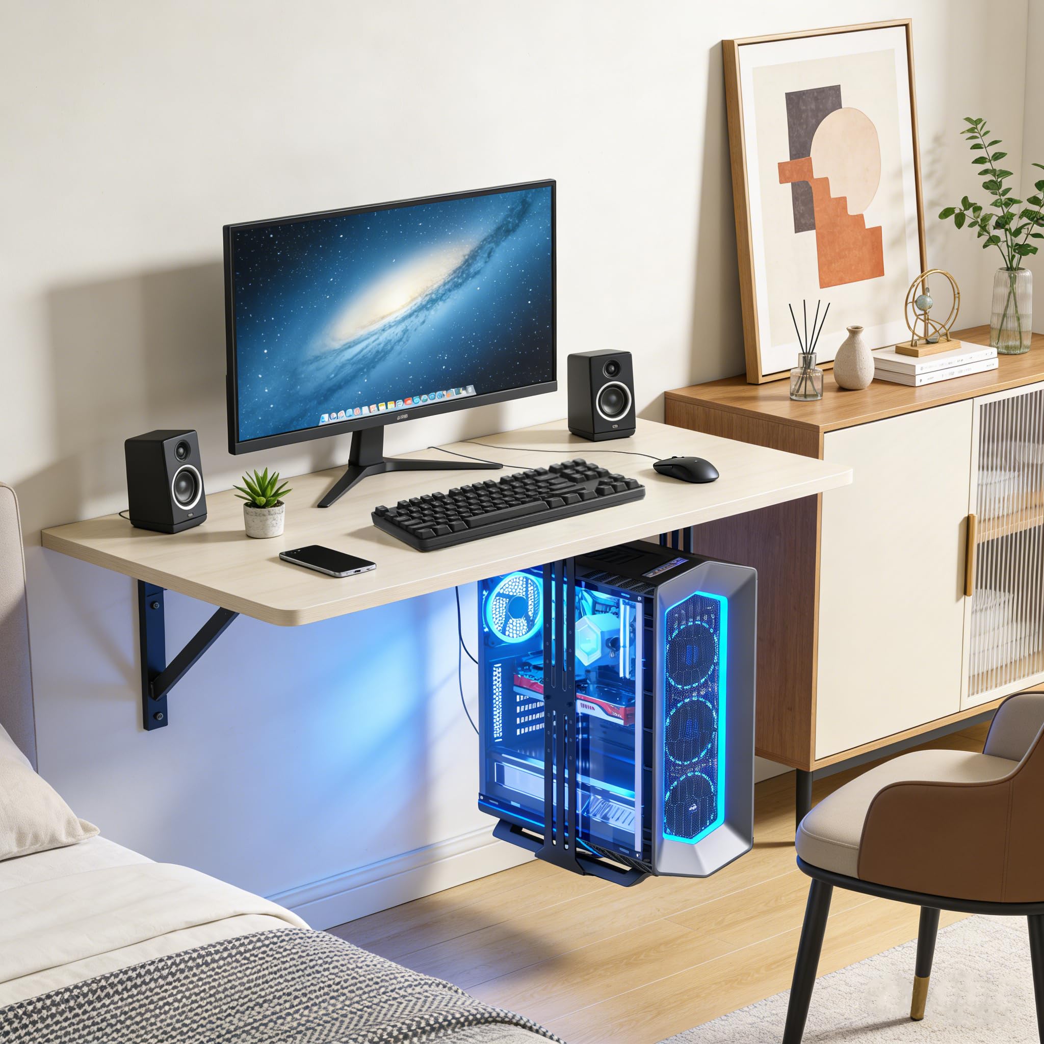 Supporto da scrivania per PC, 34 kg, larghezza 18-31 cm, regolabile, con tappetini protettivi, per case a torre in ufficio, giochi, laboratorio e casa, nero