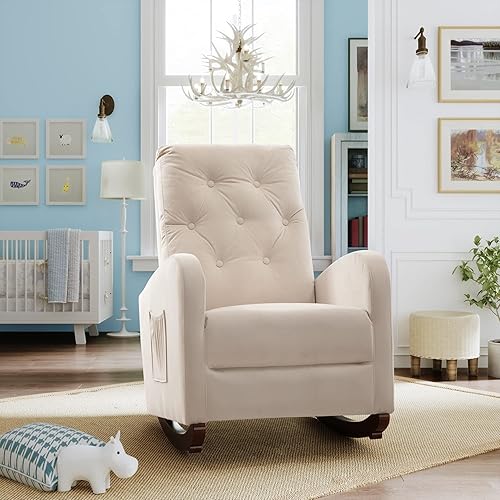 Silla mecedora moderna, sillón de terciopelo copetudo con respaldo alto y bolsillo lateral para guardería, dormitorio, sala de estar (beige)