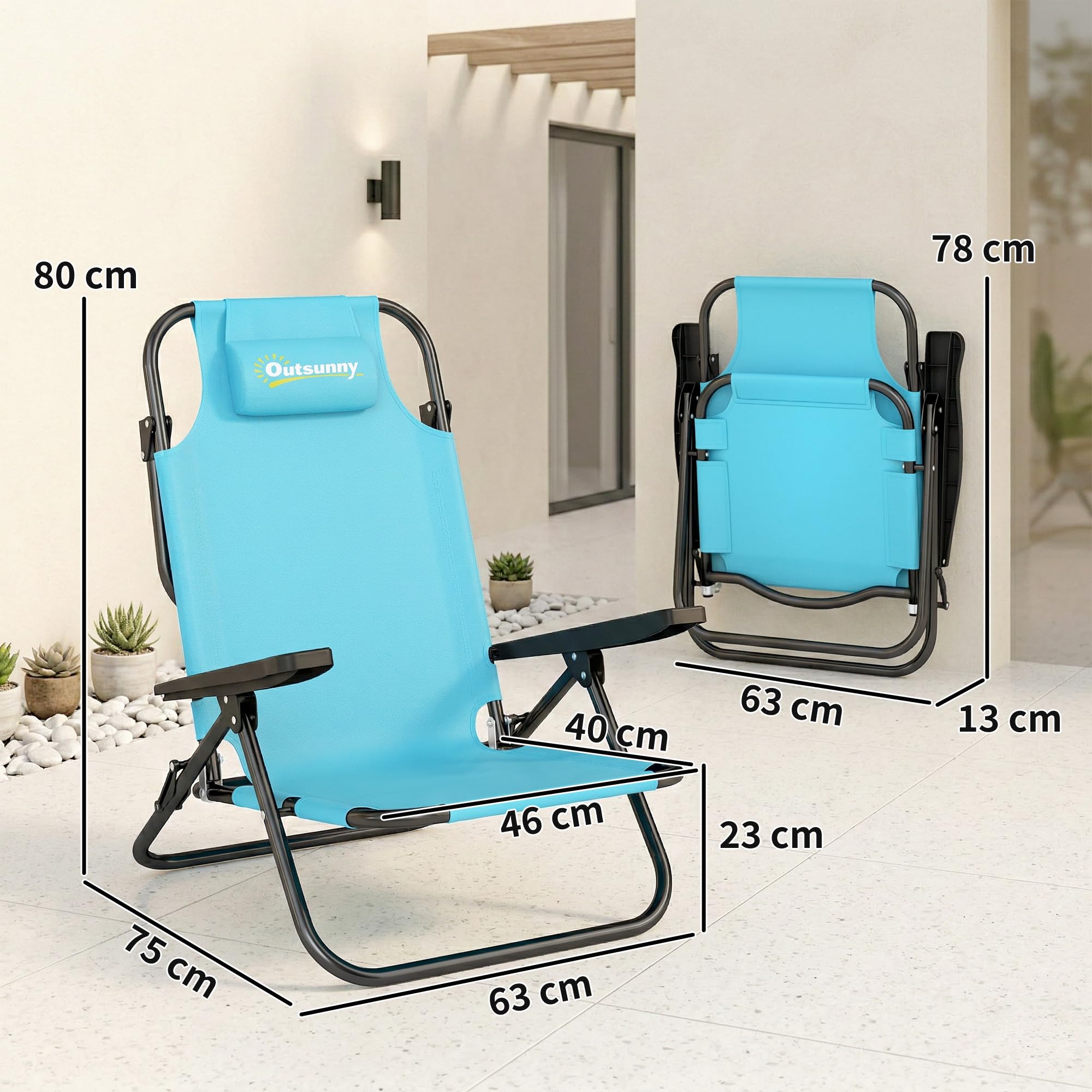 Outsunny Lot de 2 Chaises de Plage Pliable, Chaise Camping Pliante à 5 Positions avec Dossier, Appui-tête et Accoudoirs, pour Jardin Pique-Nique Festival Voyage, Bleu Clair