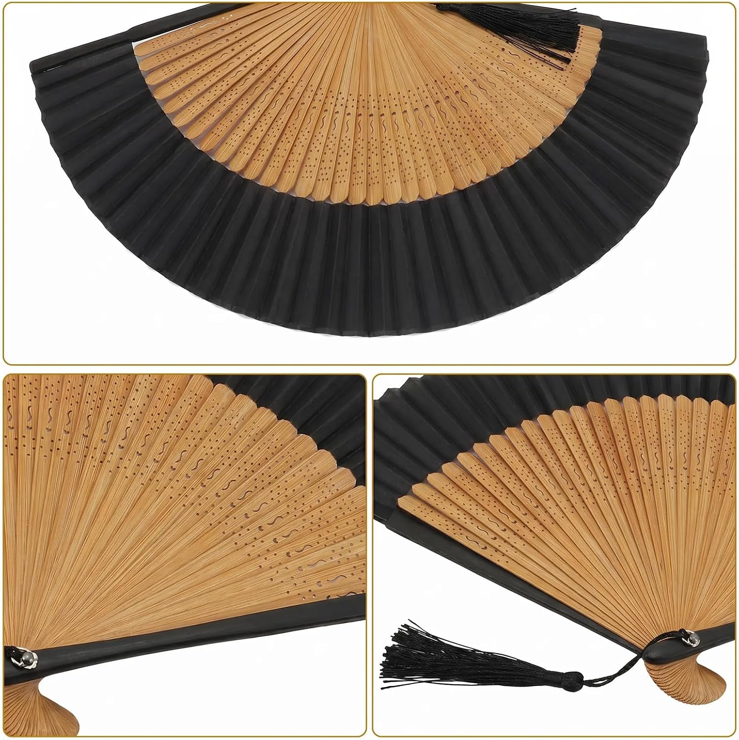 Black Hand Folding Fan, 8.66 Inch Bamboo Hand Fan image 3